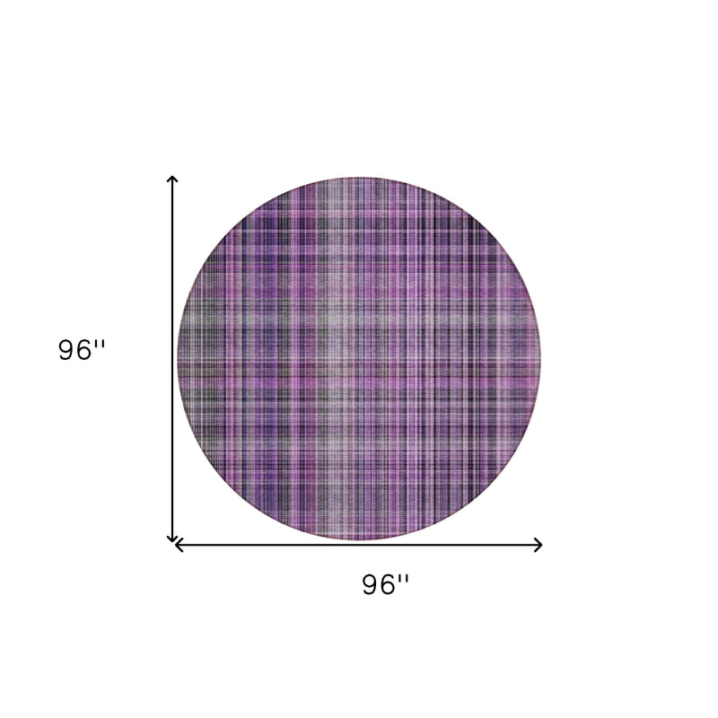 8' Round Purple Round Plaid Washable Non Skid Indoor Outdoor Area Rug