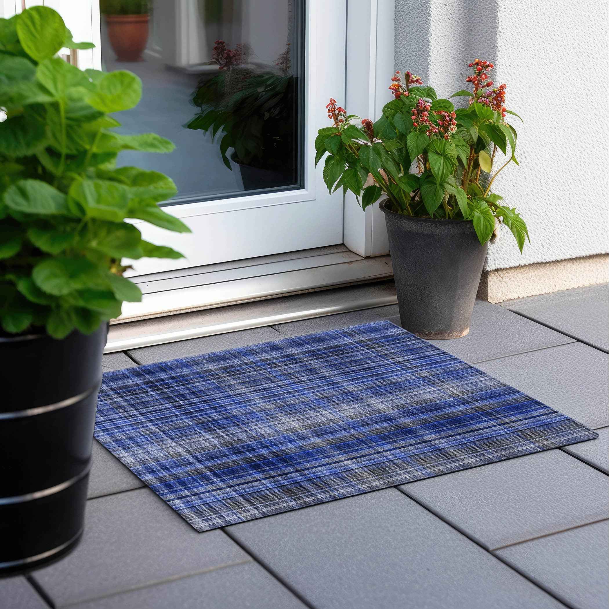2' X 3' Navy Blue Plaid Washable Non Skid Indoor Outdoor Area Rug