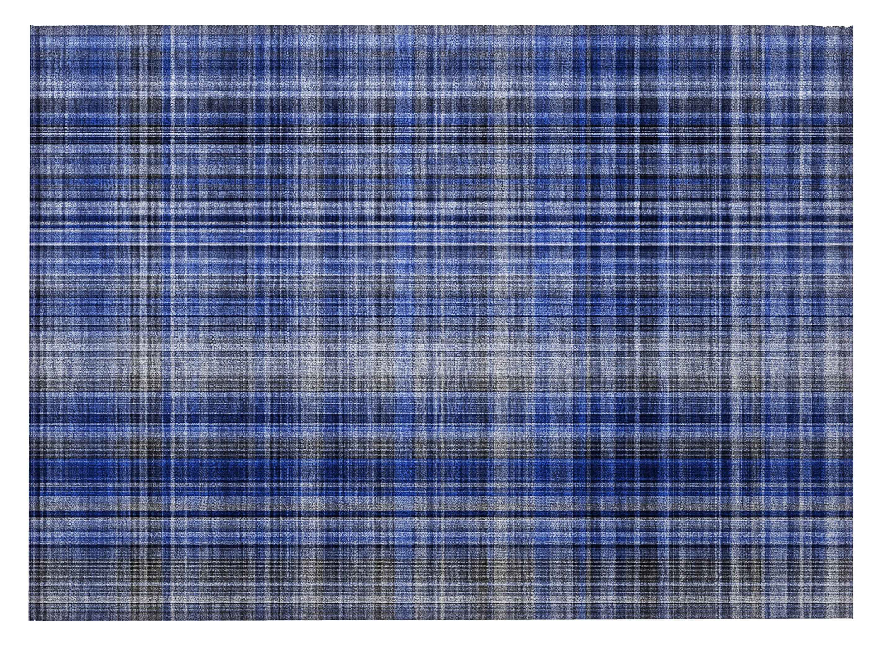 2' X 3' Navy Blue Plaid Washable Non Skid Indoor Outdoor Area Rug