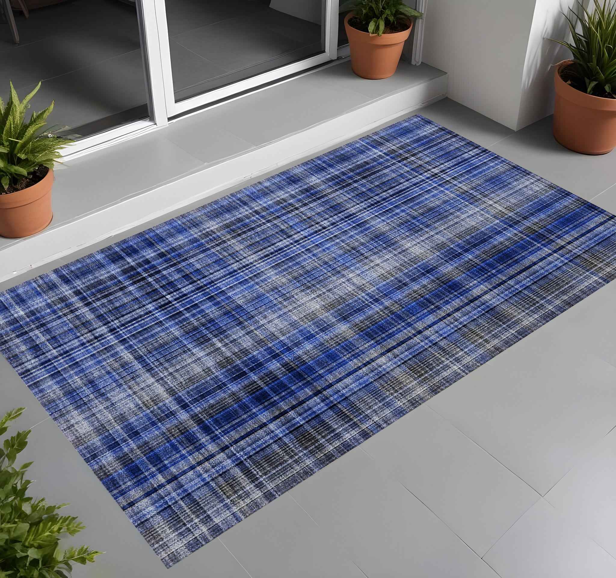 2' X 3' Navy Blue Plaid Washable Non Skid Indoor Outdoor Area Rug