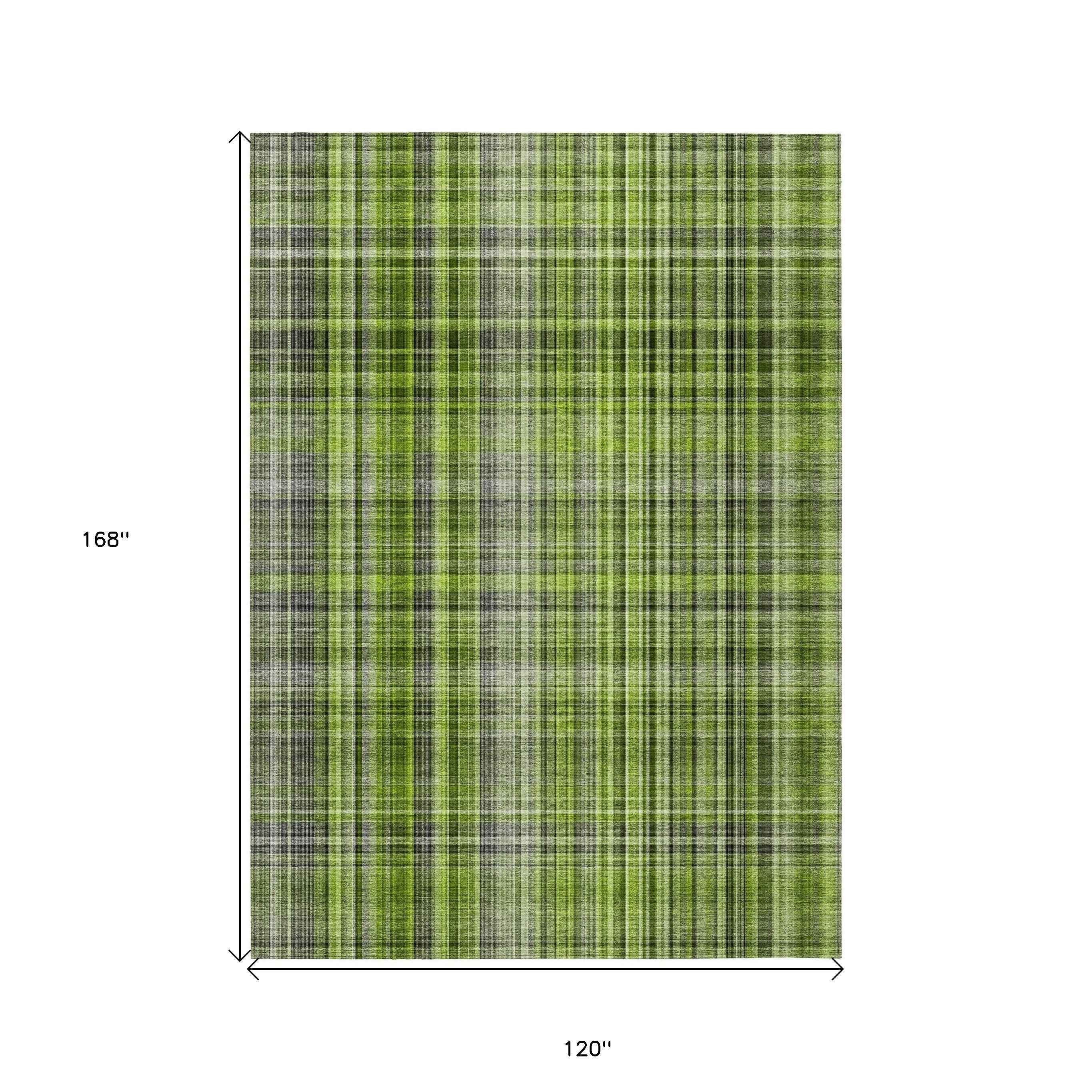 10' X 14' Green Plaid Washable Non Skid Indoor Outdoor Area Rug