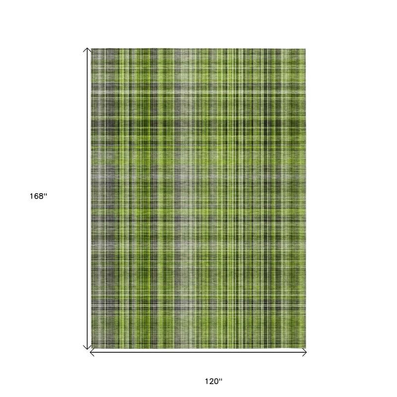 10' X 14' Green Plaid Washable Non Skid Indoor Outdoor Area Rug