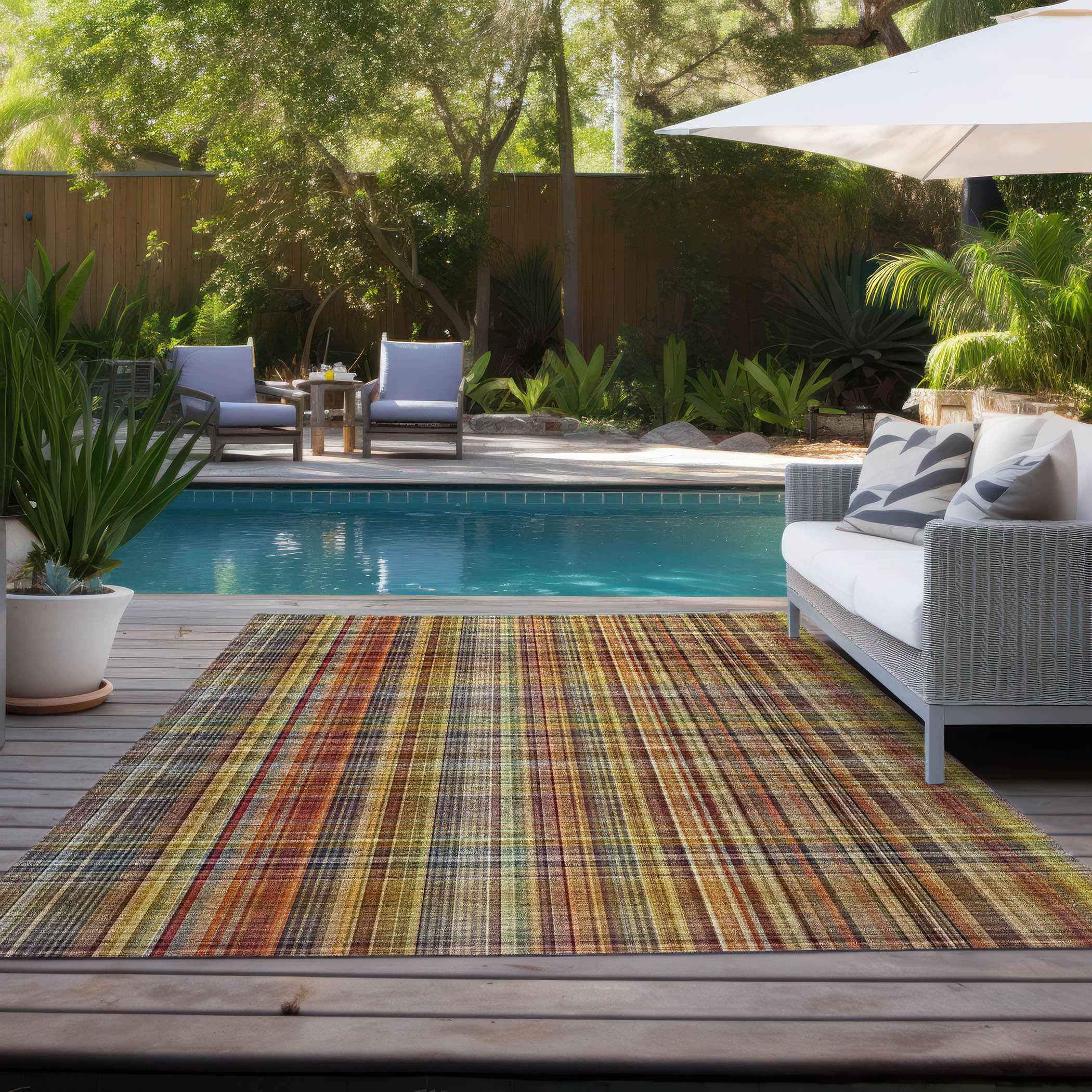 9' X 12' Yellow Orange and Brown Plaid Washable Non Skid Indoor Outdoor Area Rug
