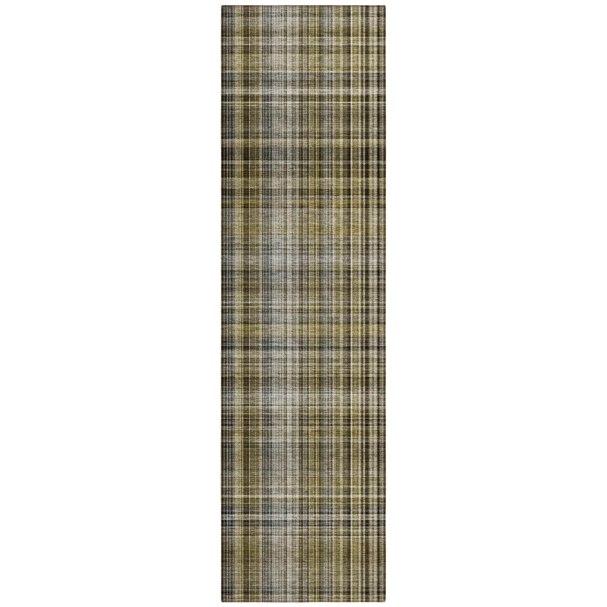 2' X 8' Green Beige and Gray Plaid Washable Non Skid Indoor Outdoor Area Rug