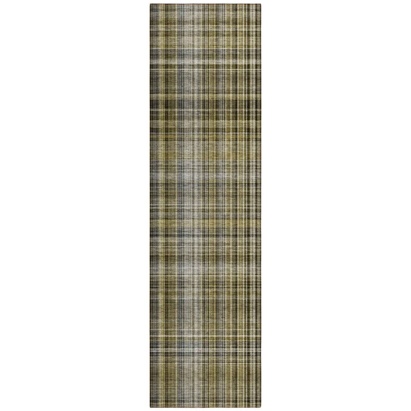 2' X 8' Green Beige and Gray Plaid Washable Non Skid Indoor Outdoor Area Rug
