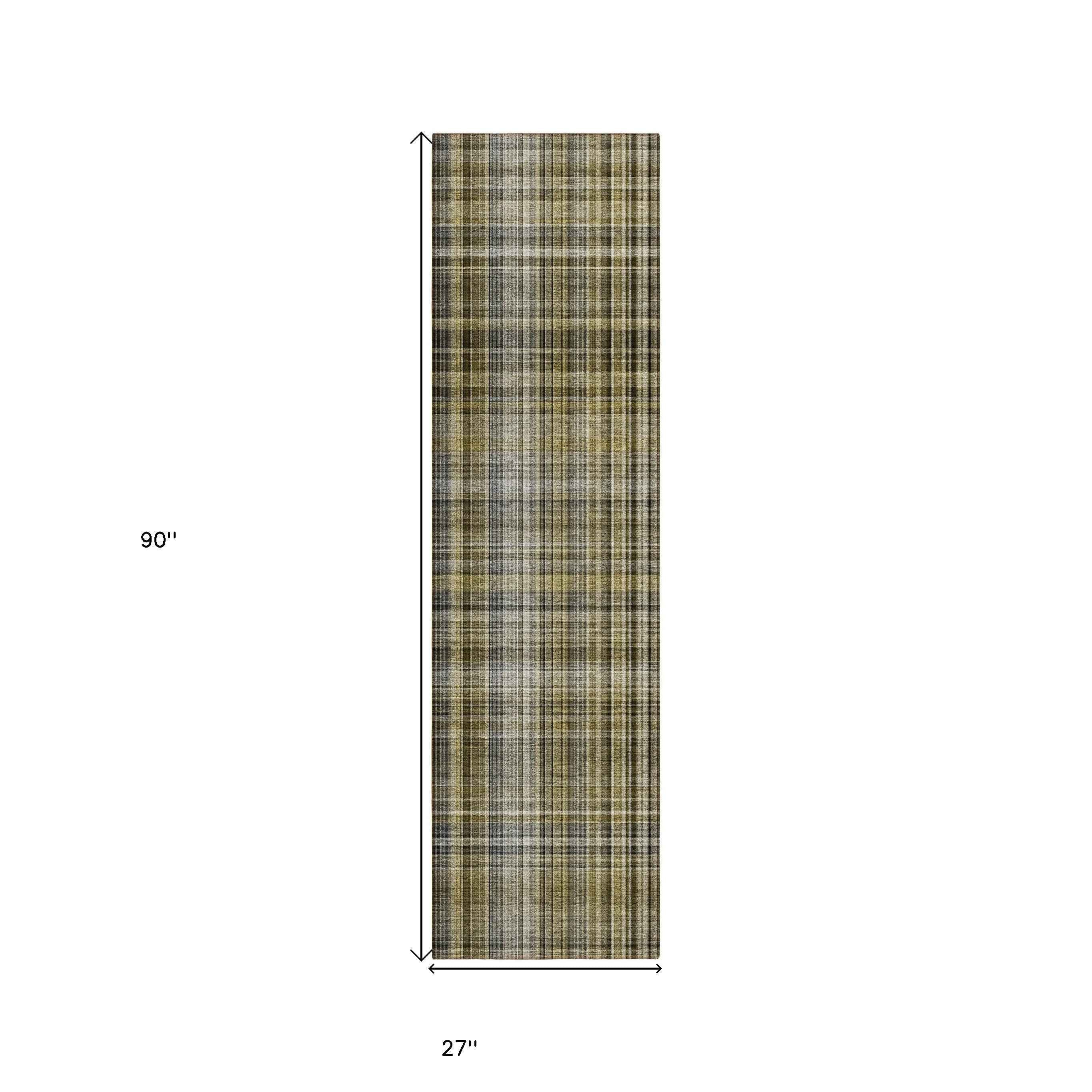 2' X 8' Green Beige and Gray Plaid Washable Non Skid Indoor Outdoor Area Rug