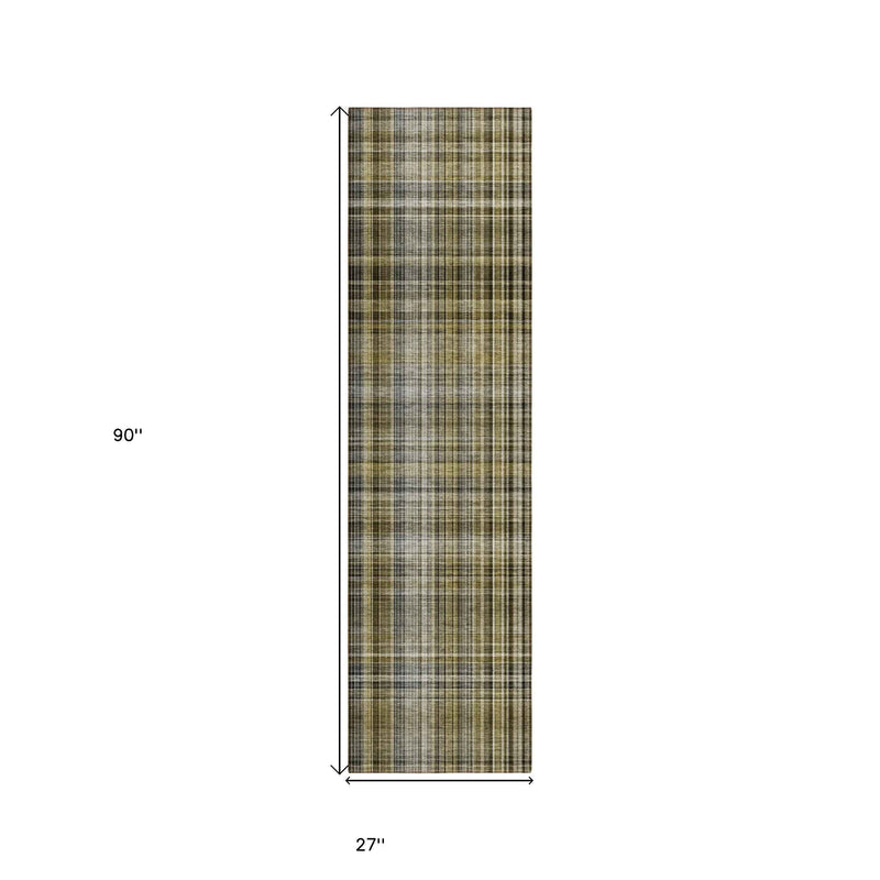 2' X 8' Green Beige and Gray Plaid Washable Non Skid Indoor Outdoor Area Rug