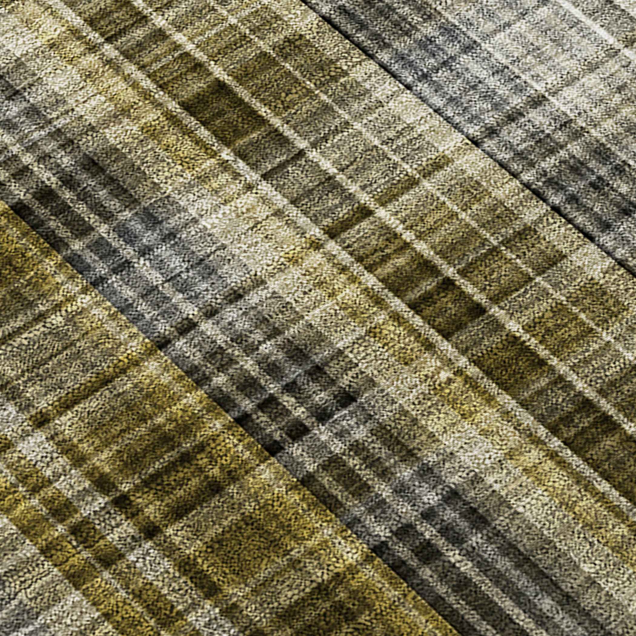 2' X 8' Green Beige and Gray Plaid Washable Non Skid Indoor Outdoor Area Rug