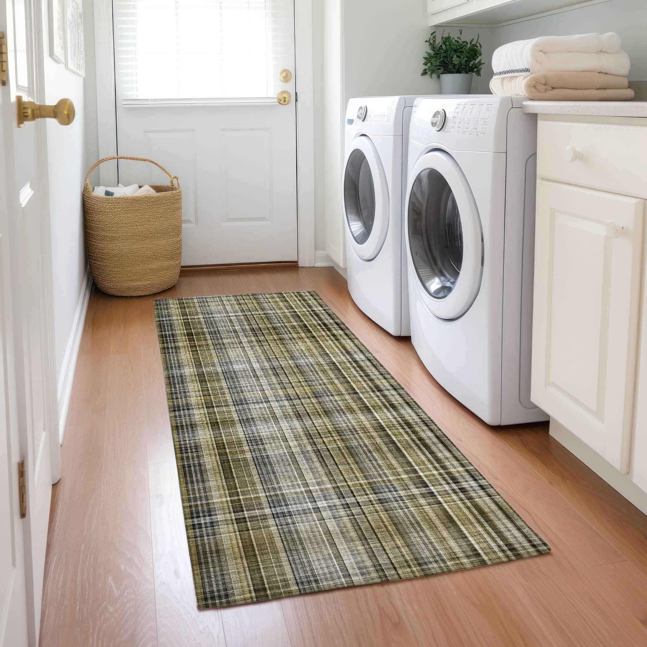 2' X 8' Green Beige and Gray Plaid Washable Non Skid Indoor Outdoor Area Rug