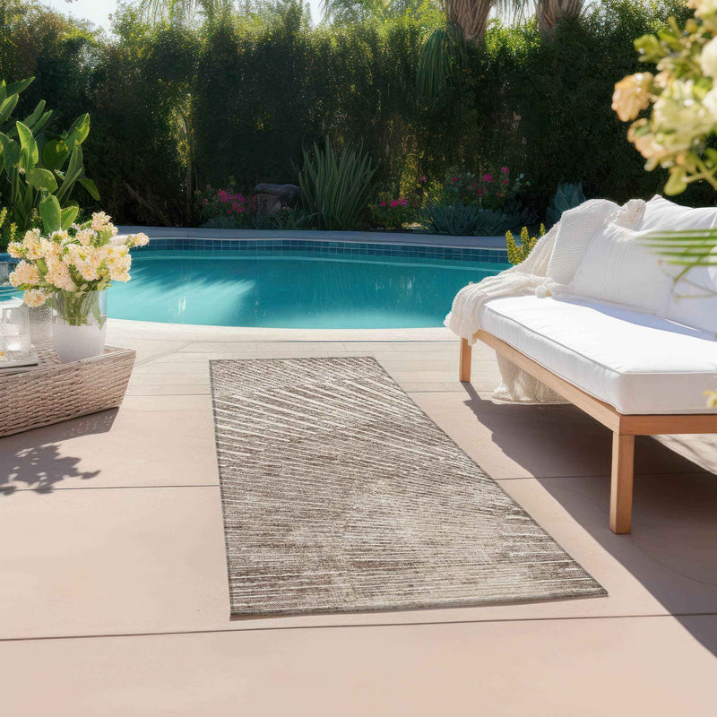 8' Runner Taupe and Ivory Abstract Washable Non Skid Indoor Outdoor Runner Rug