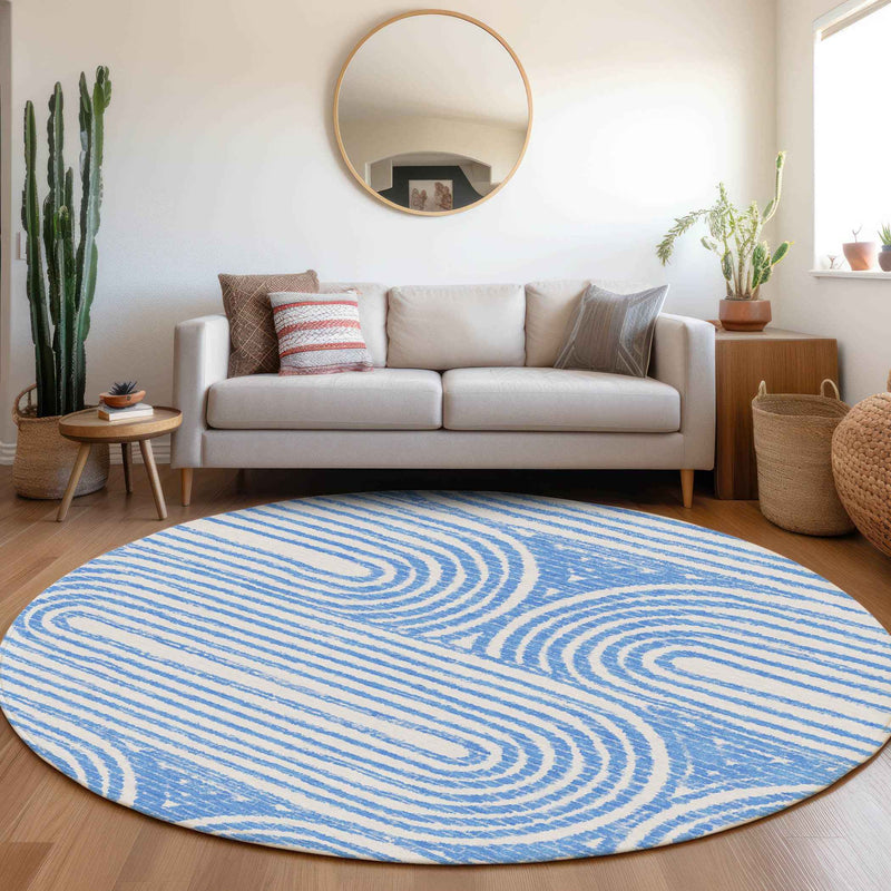 8' Round Blue and White Round Abstract Washable Non Skid Indoor Outdoor Area Rug