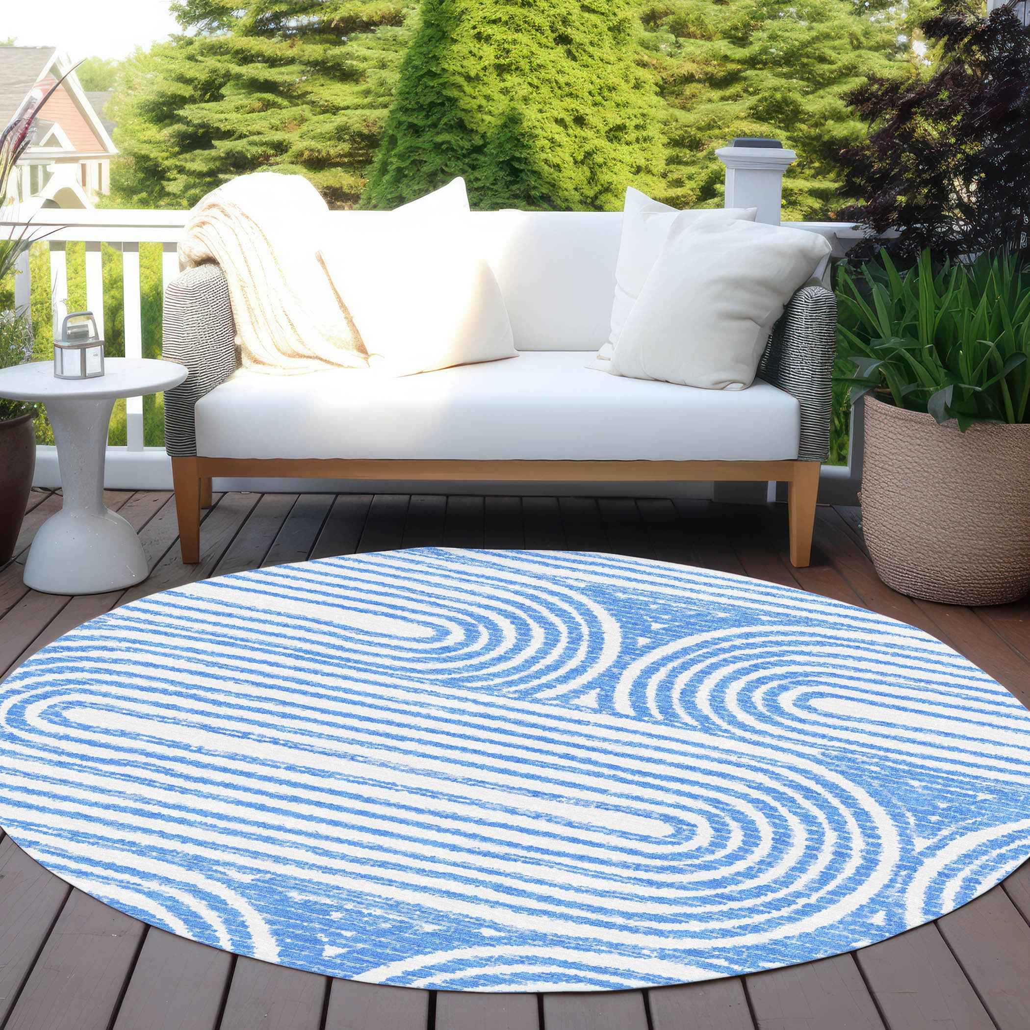 8' Round Blue and White Round Abstract Washable Non Skid Indoor Outdoor Area Rug