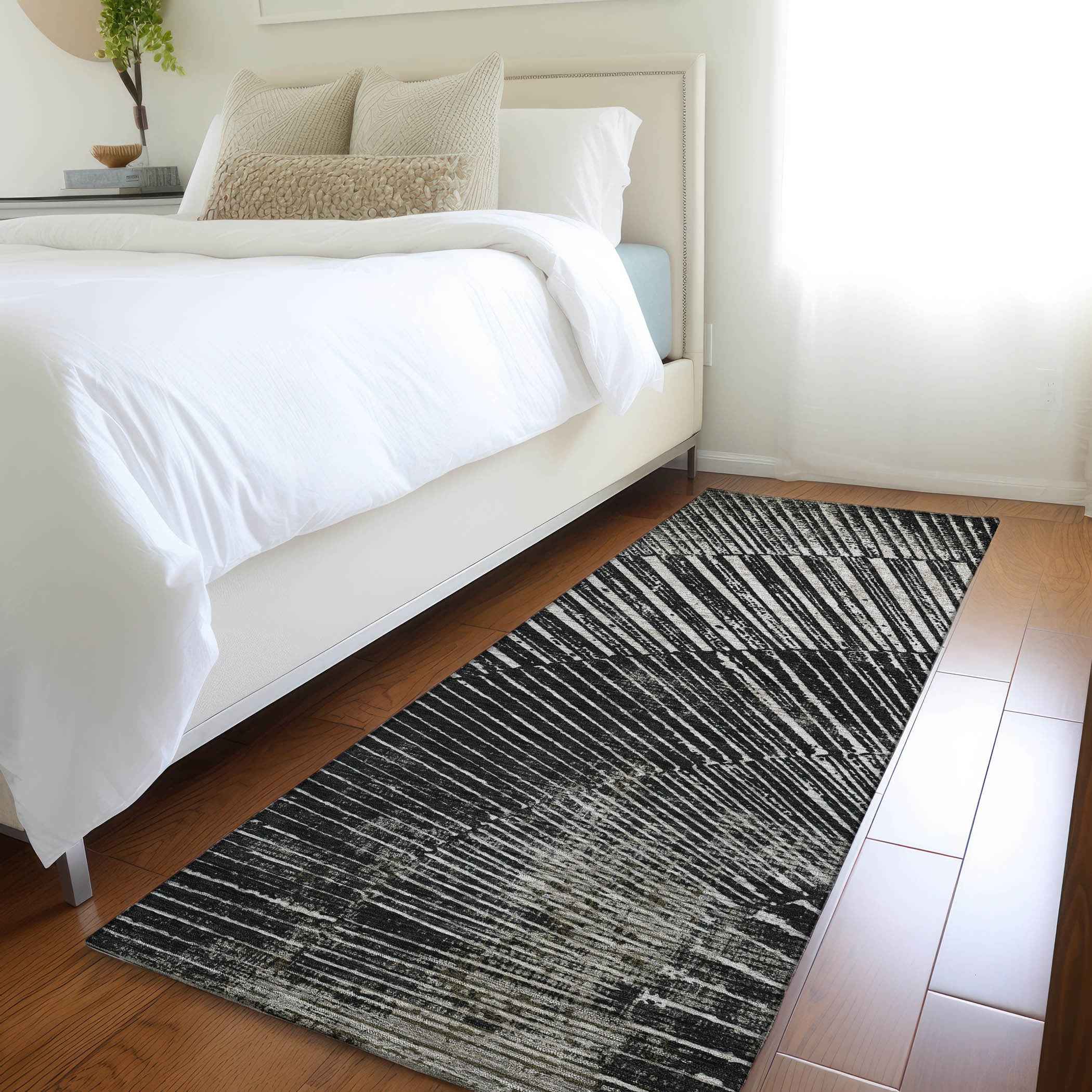 8' Runner Black and Ivory Abstract Washable Non Skid Indoor Outdoor Runner Rug
