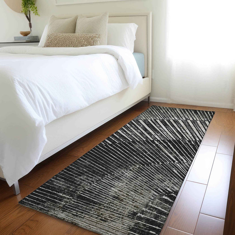 8' Runner Black and Ivory Abstract Washable Non Skid Indoor Outdoor Runner Rug