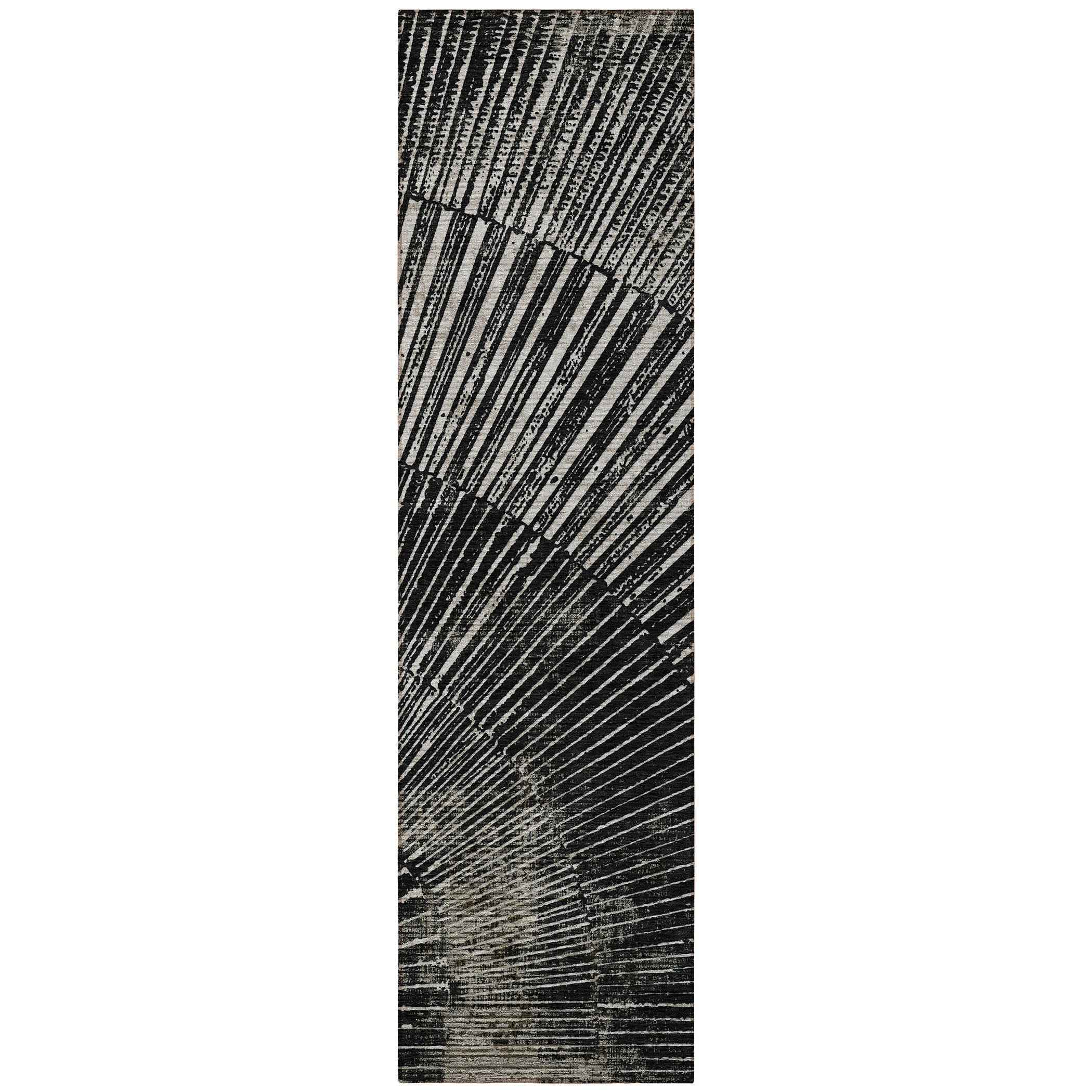 8' Runner Black and Ivory Abstract Washable Non Skid Indoor Outdoor Runner Rug
