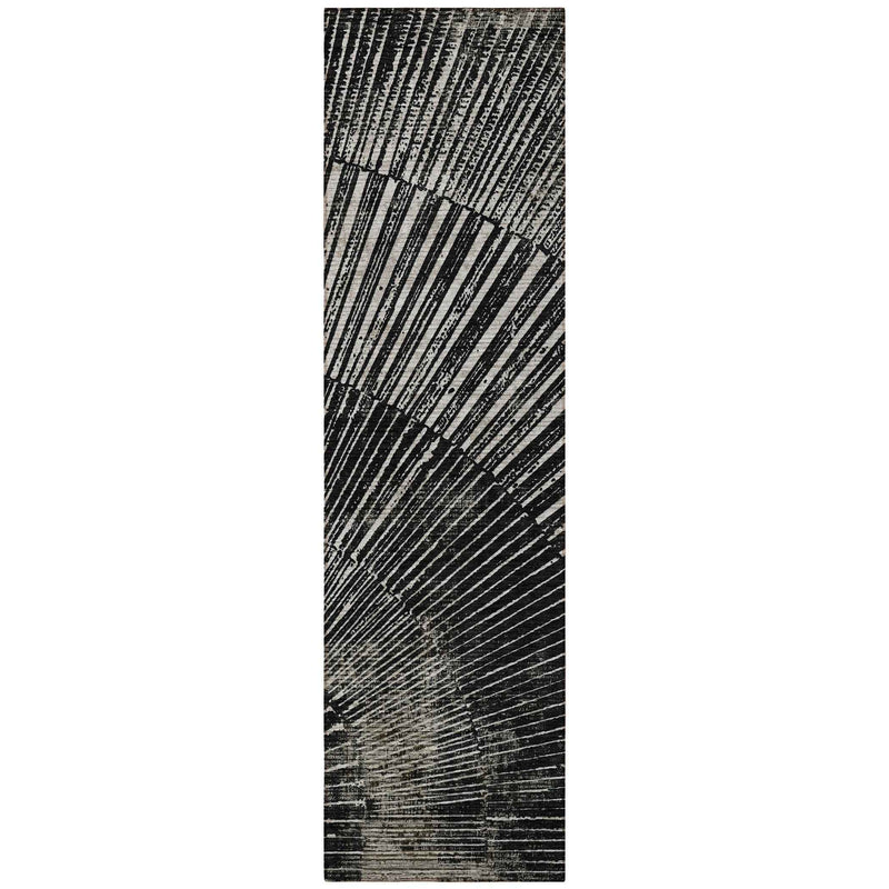 8' Runner Black and Ivory Abstract Washable Non Skid Indoor Outdoor Runner Rug