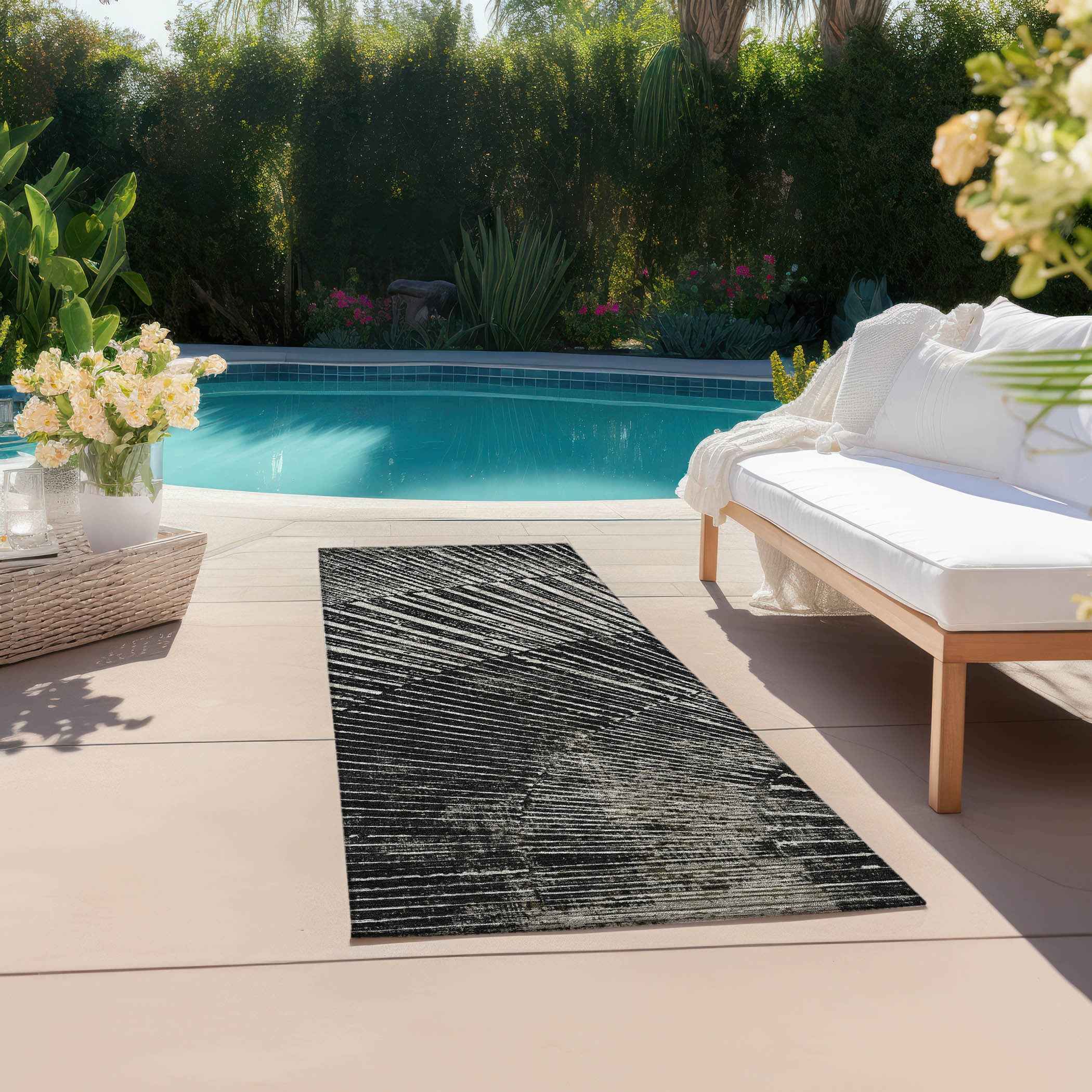 8' Runner Black and Ivory Abstract Washable Non Skid Indoor Outdoor Runner Rug
