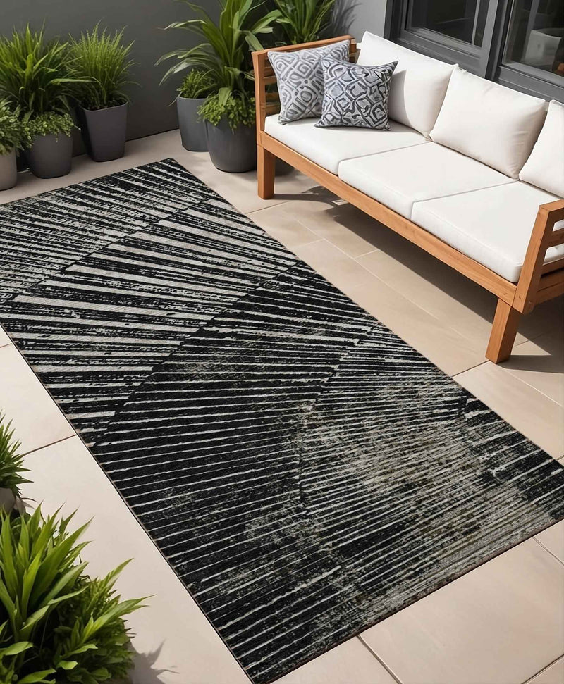 8' Runner Black and Ivory Abstract Washable Non Skid Indoor Outdoor Runner Rug