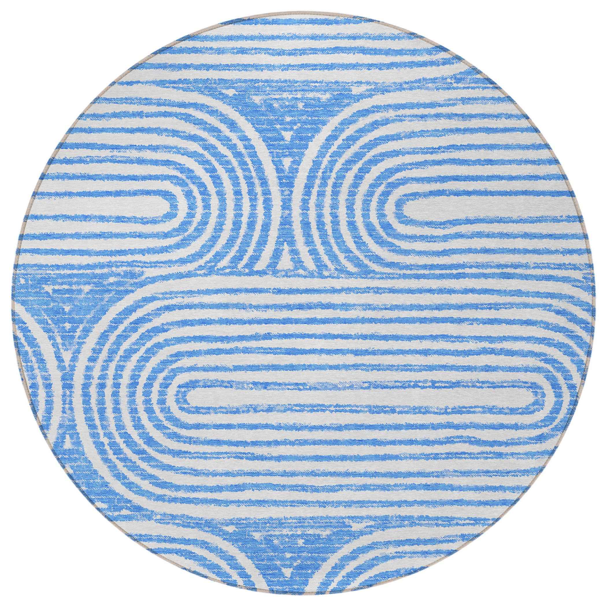 8' Round Blue and White Round Abstract Washable Non Skid Indoor Outdoor Area Rug
