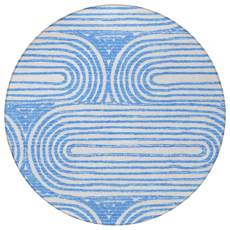 8' Round Blue and White Round Abstract Washable Non Skid Indoor Outdoor Area Rug
