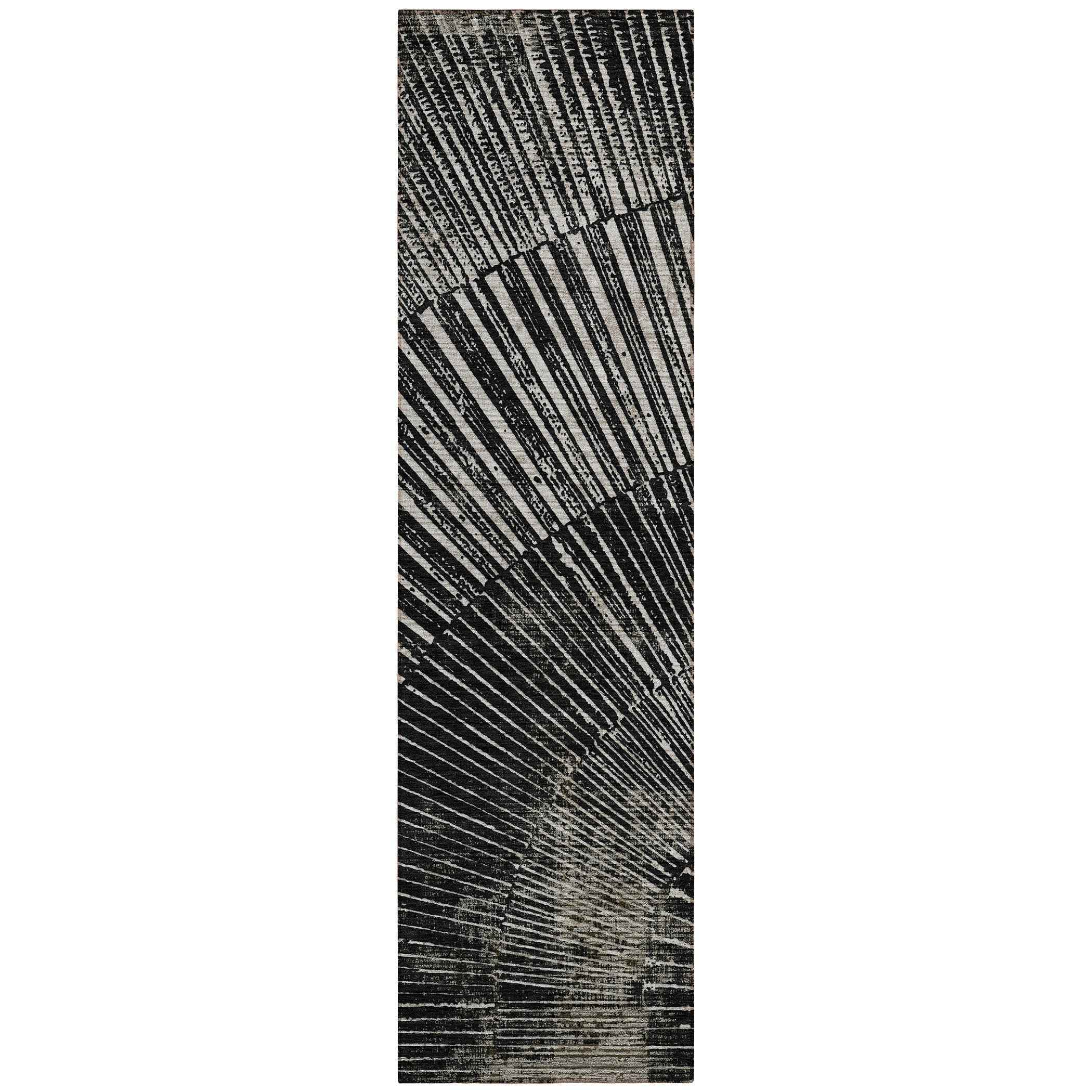 8' Runner Black and Ivory Abstract Washable Non Skid Indoor Outdoor Runner Rug