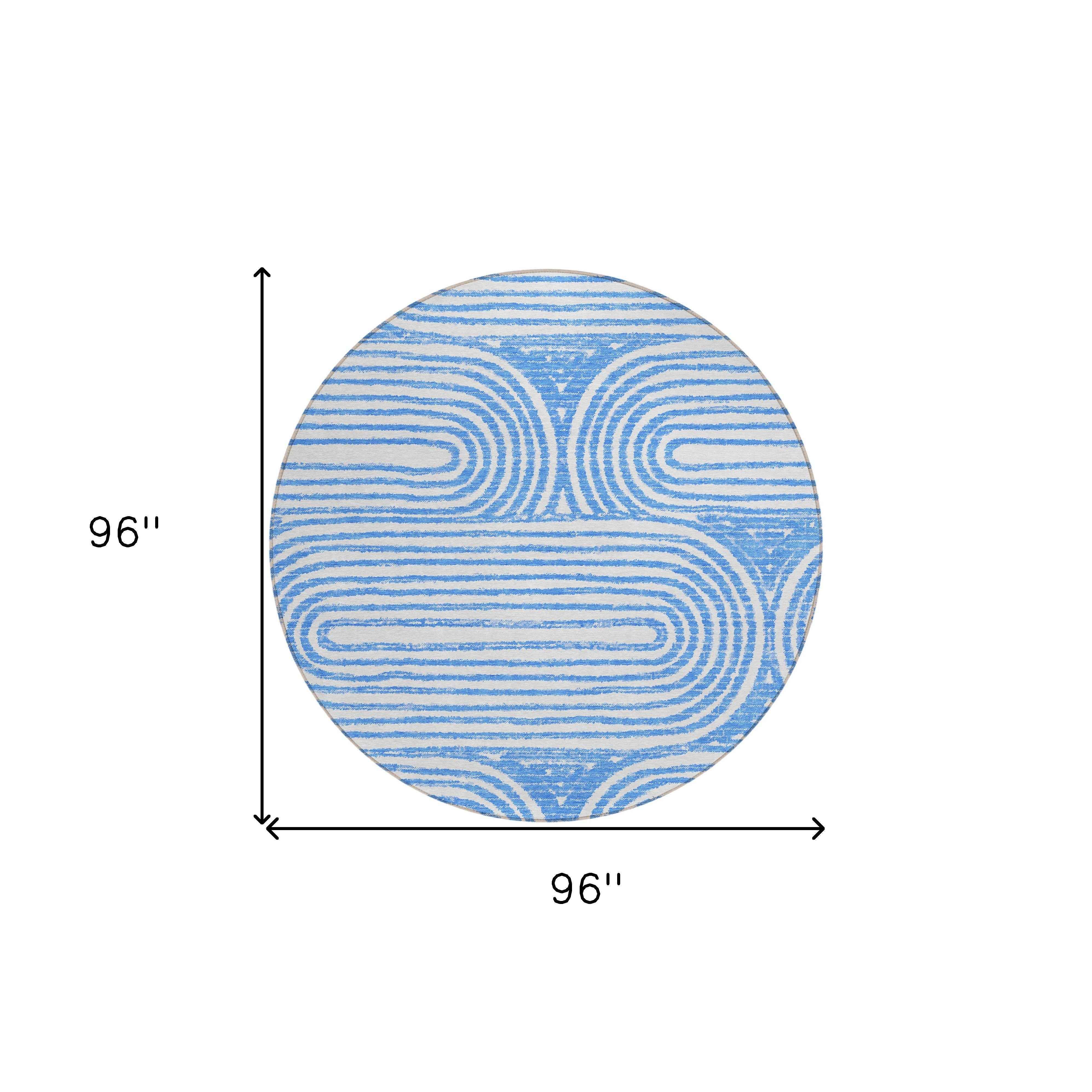 8' Round Blue and White Round Abstract Washable Non Skid Indoor Outdoor Area Rug