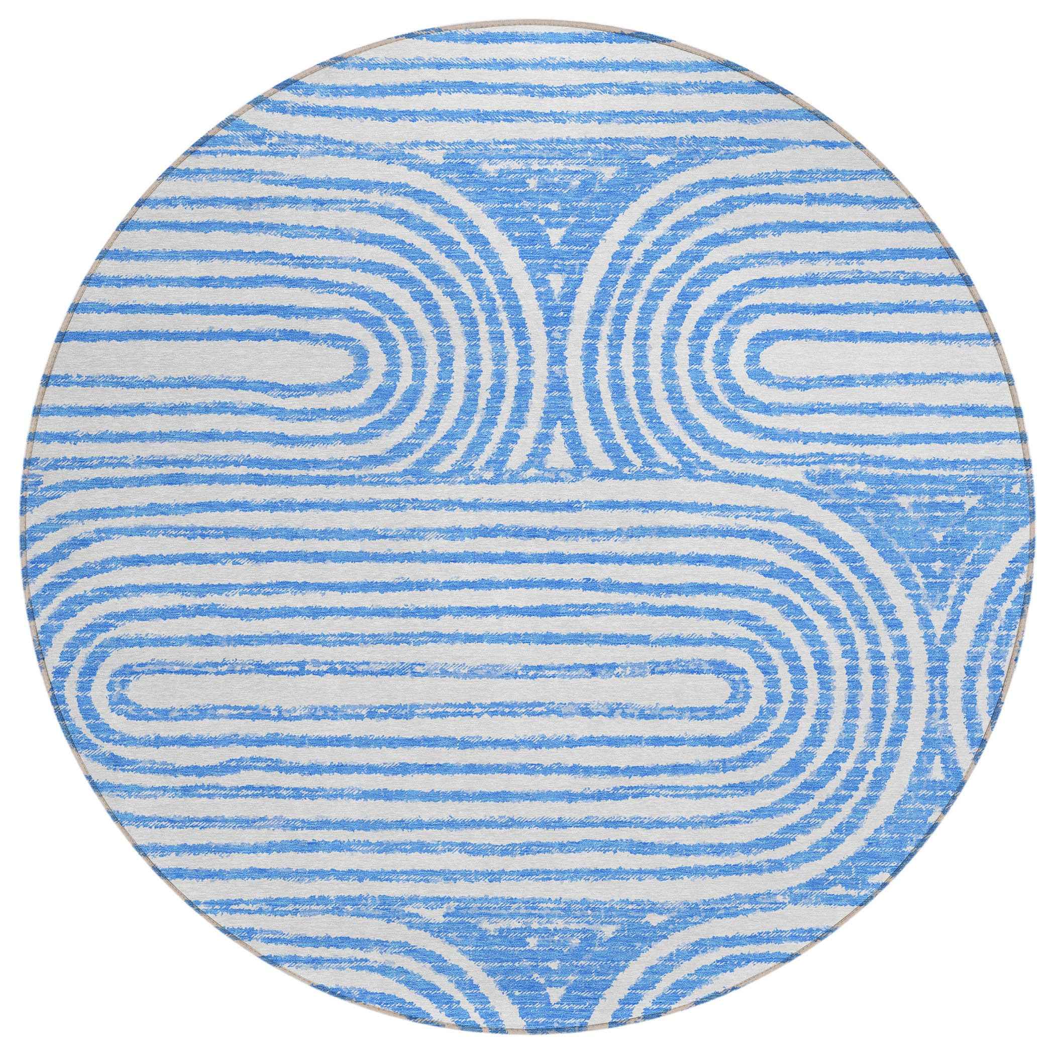 8' Round Blue and White Round Abstract Washable Non Skid Indoor Outdoor Area Rug