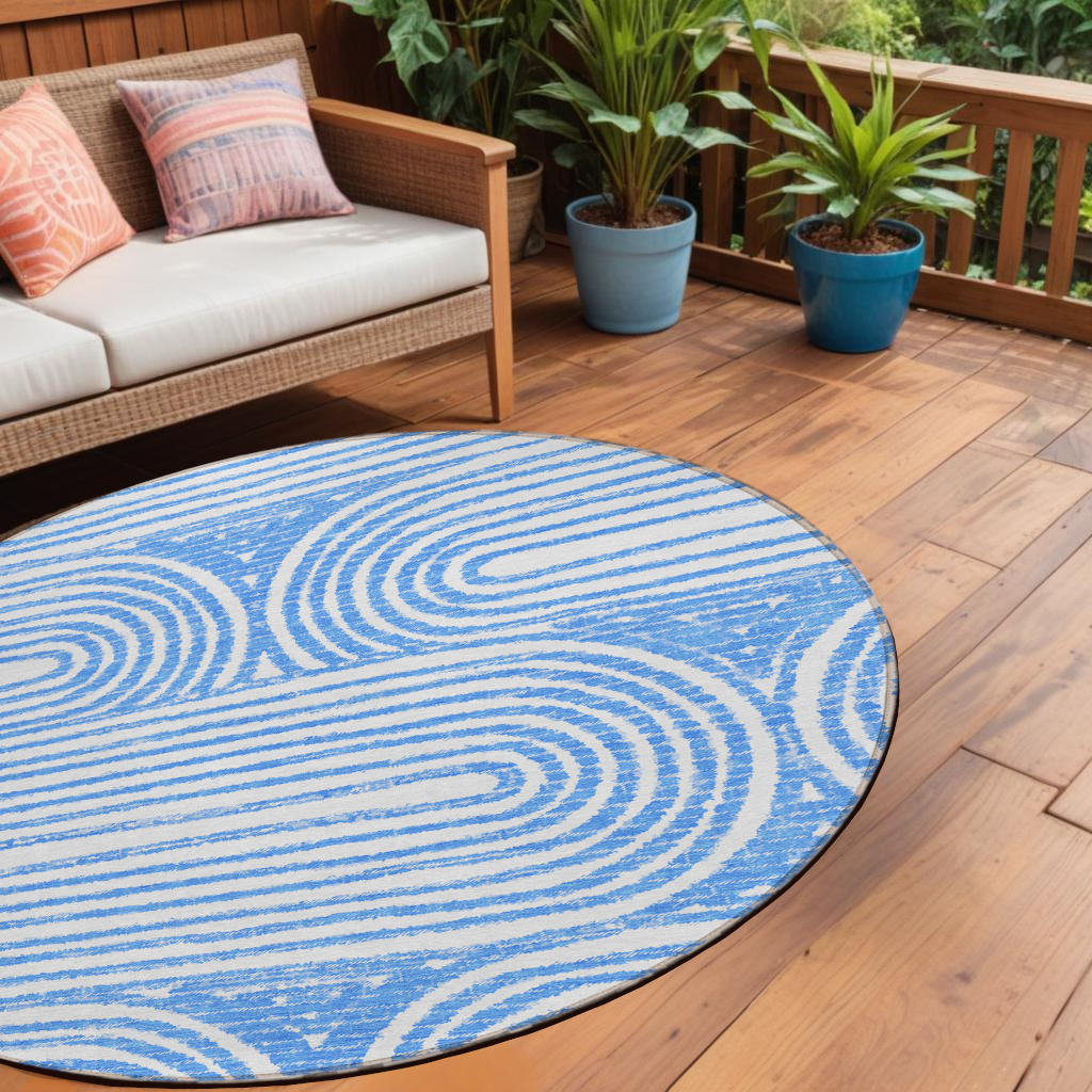 8' Round Blue and White Round Abstract Washable Non Skid Indoor Outdoor Area Rug