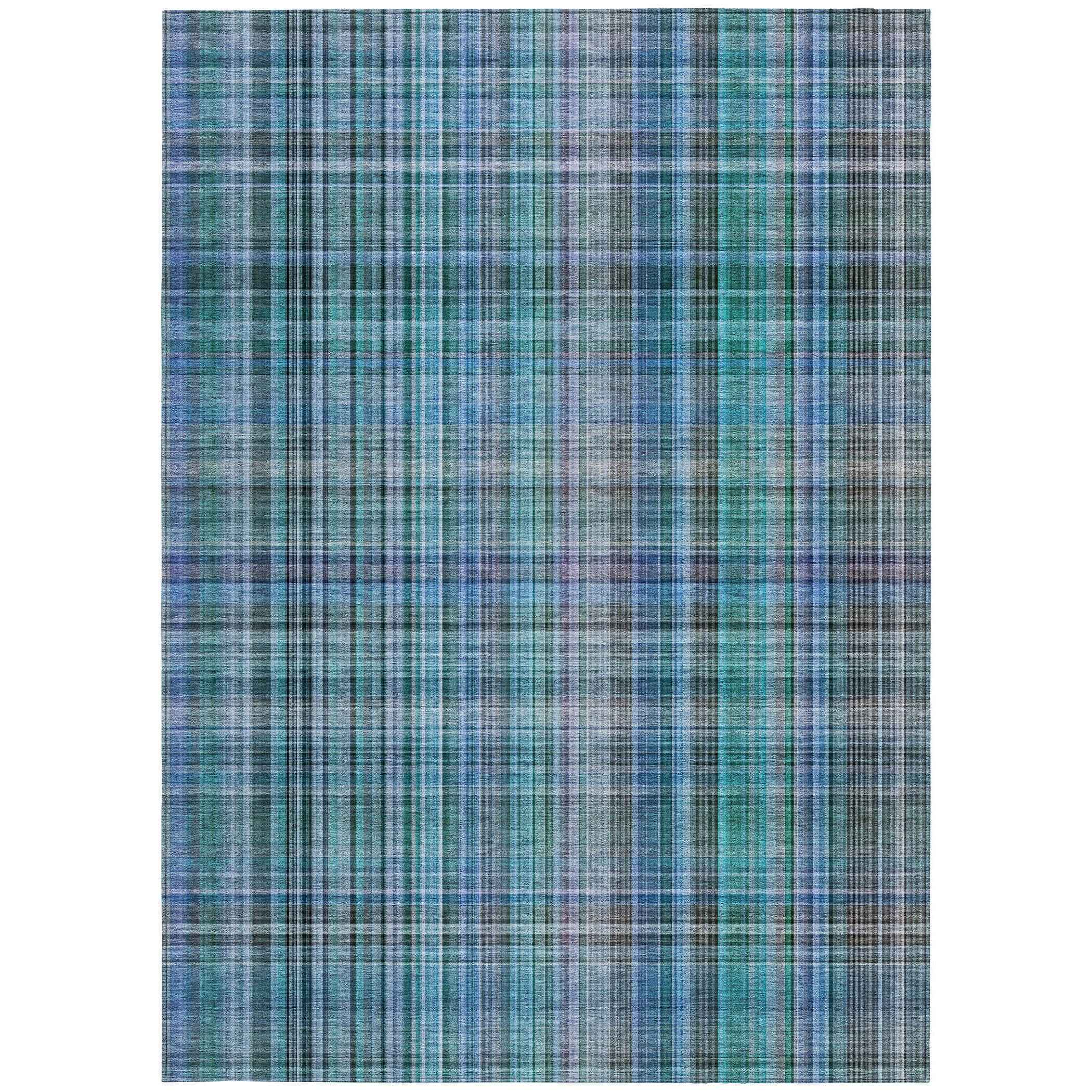3' X 5' Blue Teal and Gray Plaid Washable Non Skid Indoor Outdoor Area Rug