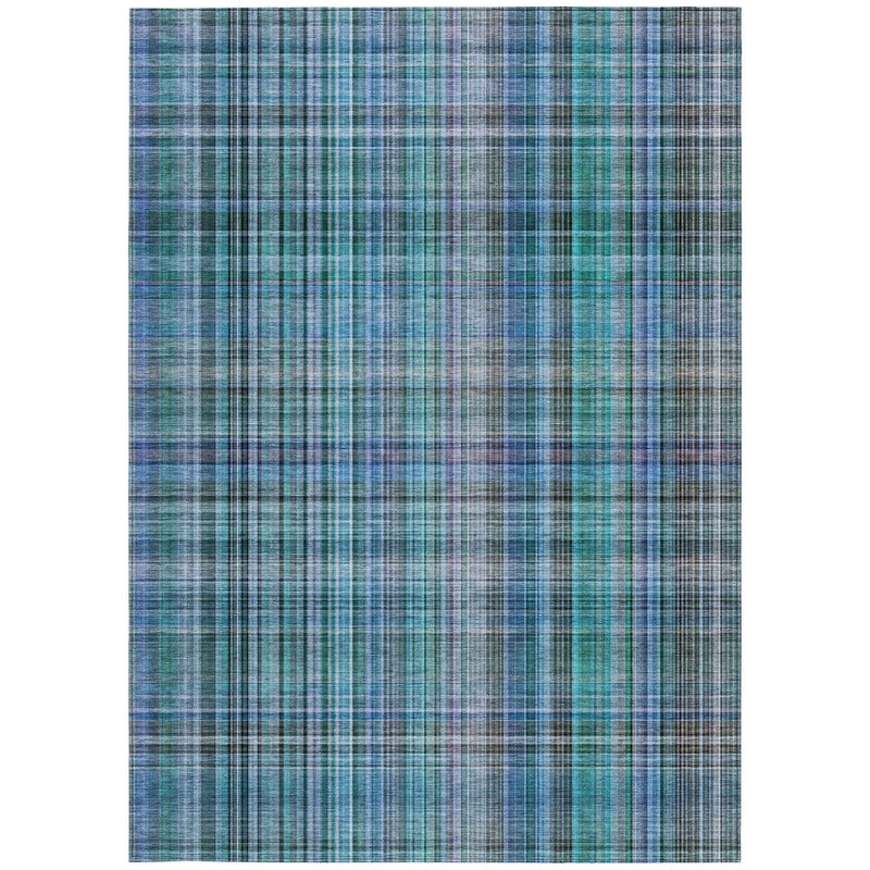 3' X 5' Blue Teal and Gray Plaid Washable Non Skid Indoor Outdoor Area Rug