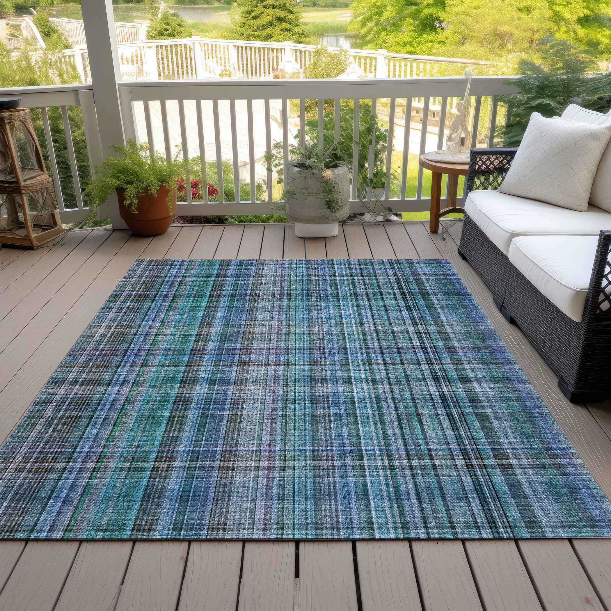 3' X 5' Blue Teal and Gray Plaid Washable Non Skid Indoor Outdoor Area Rug