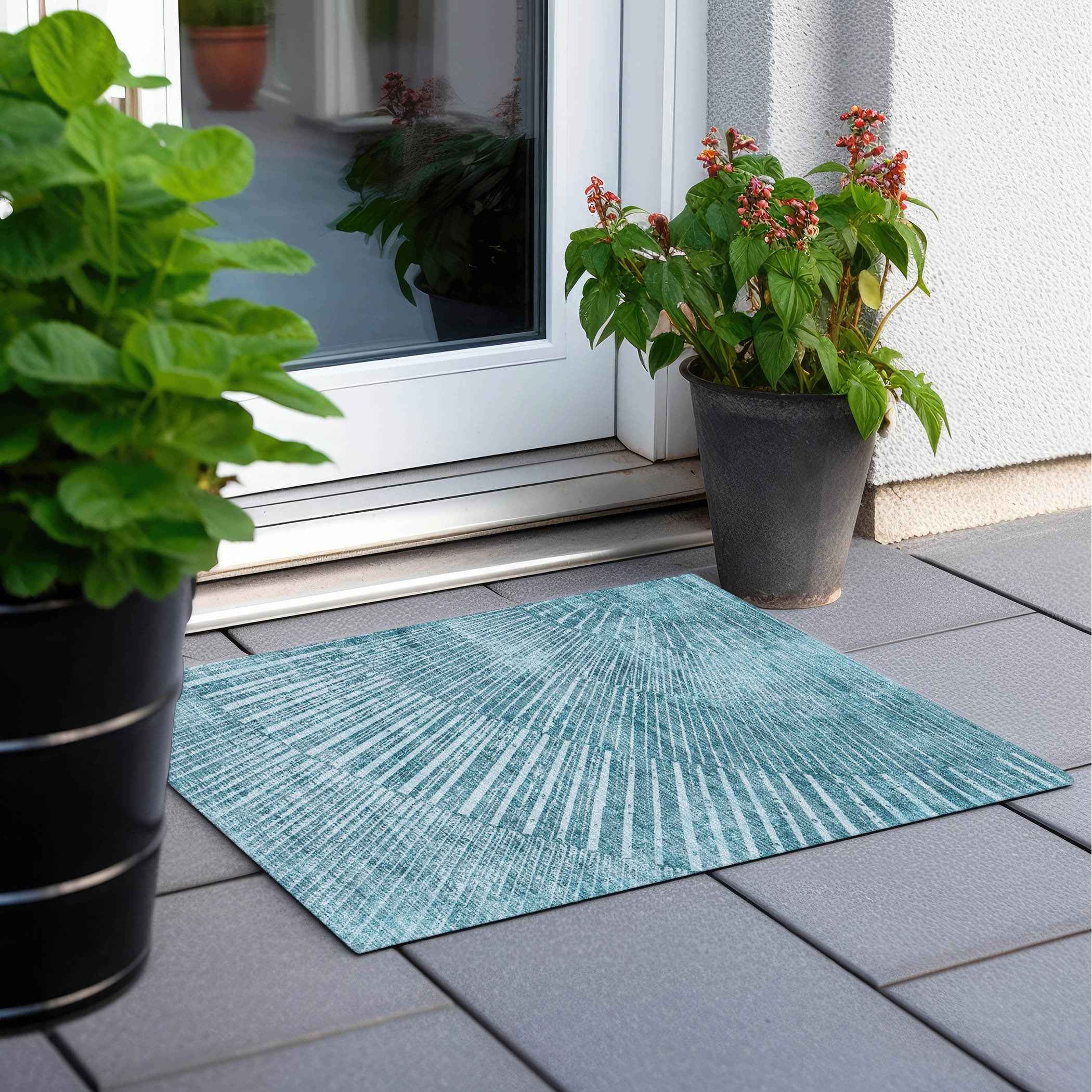 2' X 3' Teal Abstract Washable Non Skid Indoor Outdoor Area Rug