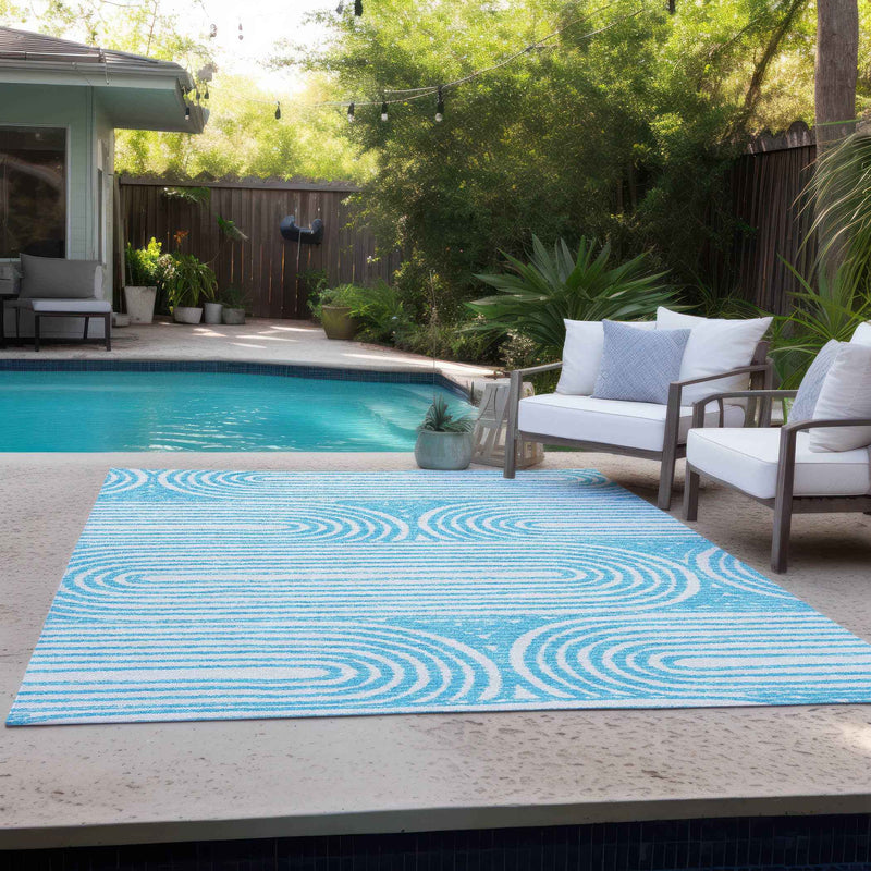 9' X 12' Teal and White Abstract Washable Non Skid Indoor Outdoor Area Rug