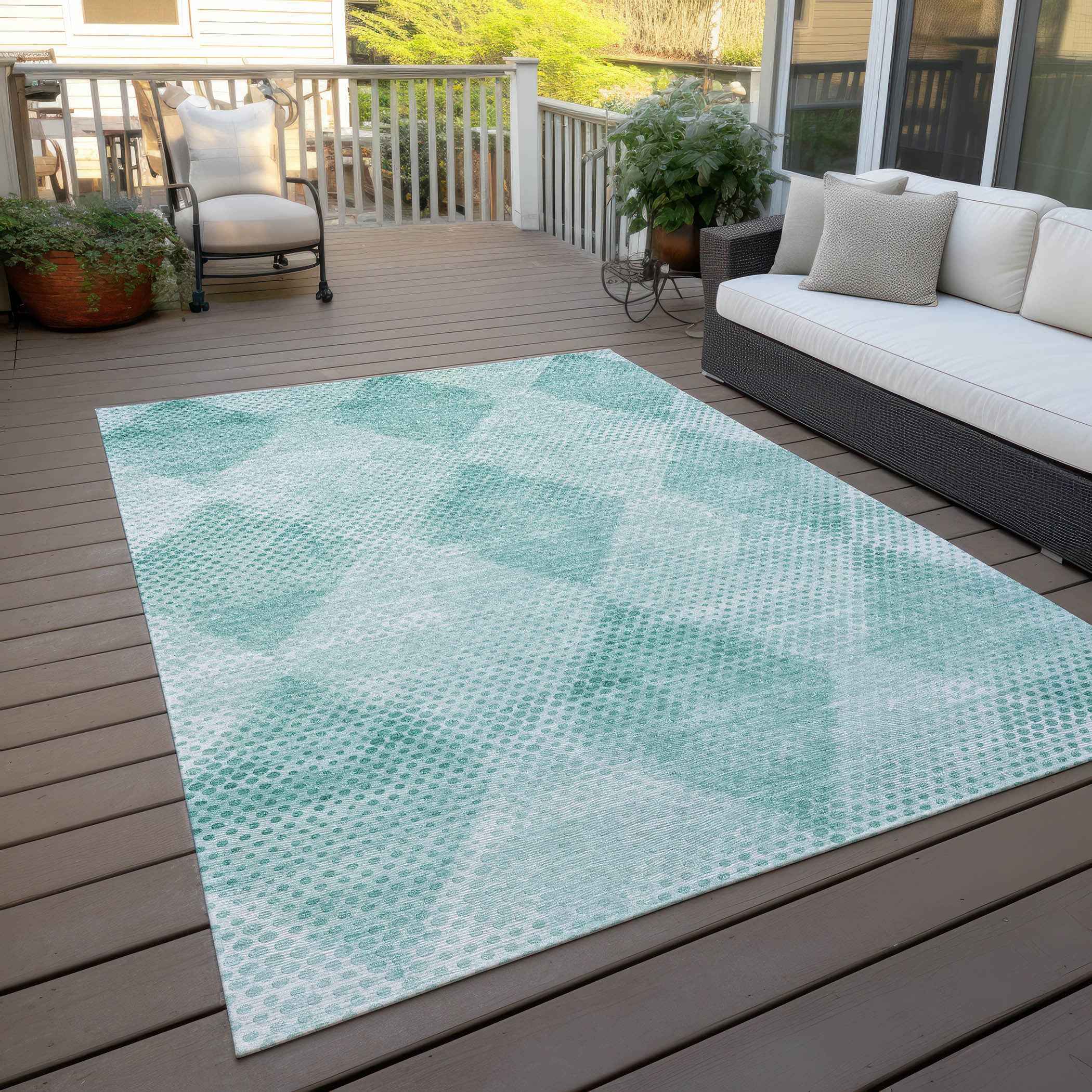 9' X 12' Teal Geometric Washable Non Skid Indoor Outdoor Area Rug