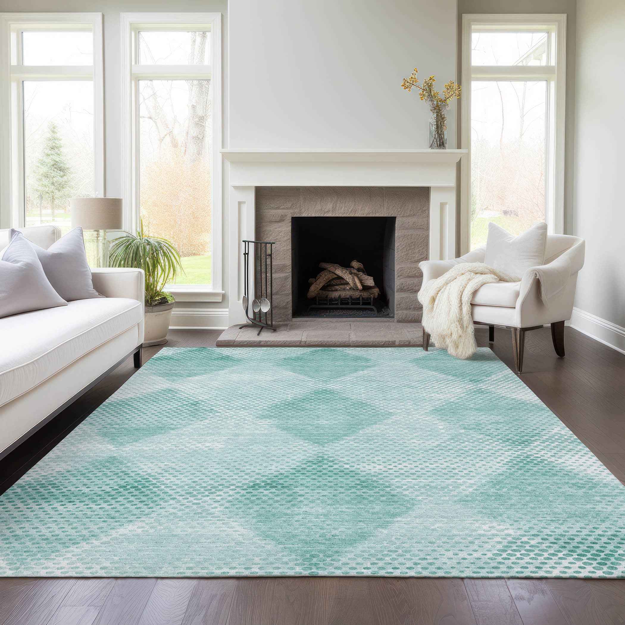 9' X 12' Teal Geometric Washable Non Skid Indoor Outdoor Area Rug