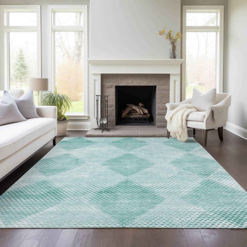 9' X 12' Teal Geometric Washable Non Skid Indoor Outdoor Area Rug