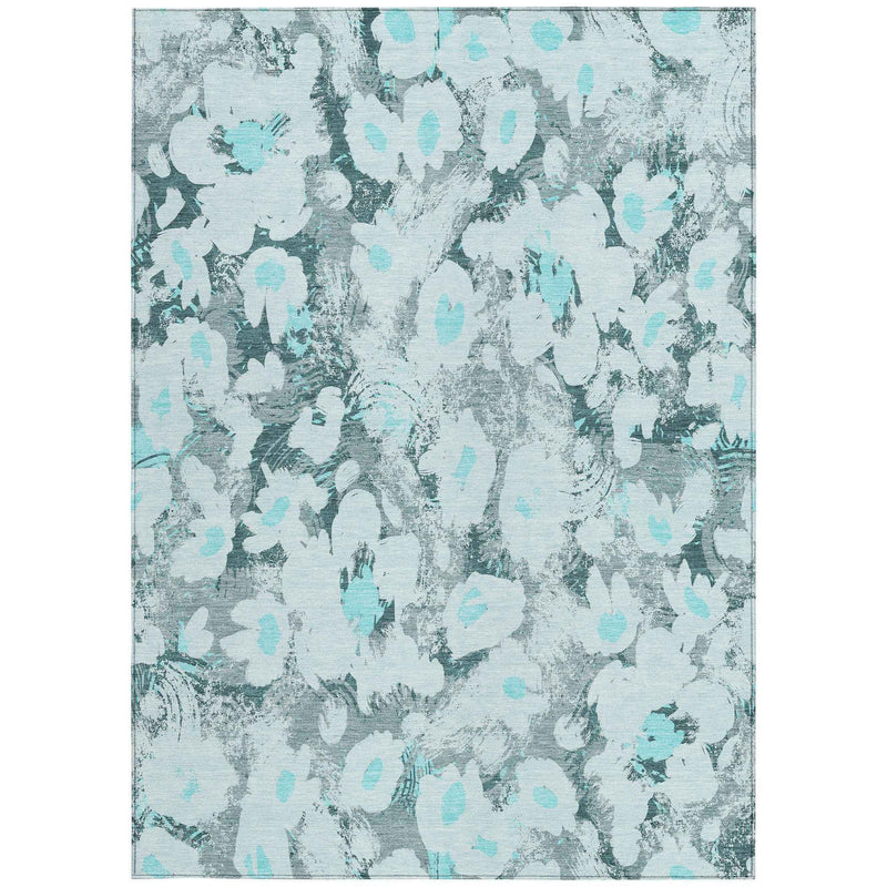 3' X 5' Teal Floral Washable Non Skid Indoor Outdoor Area Rug