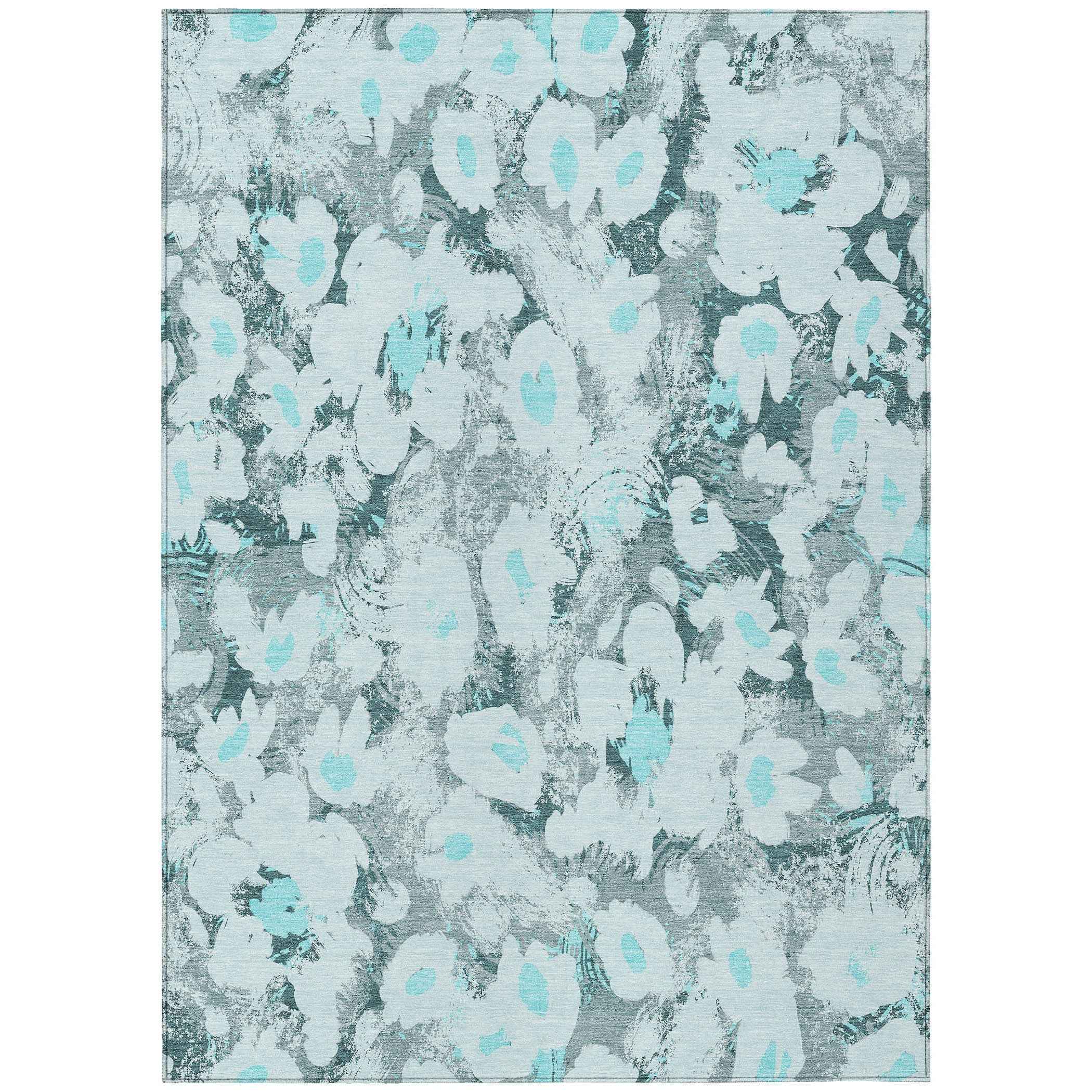 3' X 5' Teal Floral Washable Non Skid Indoor Outdoor Area Rug