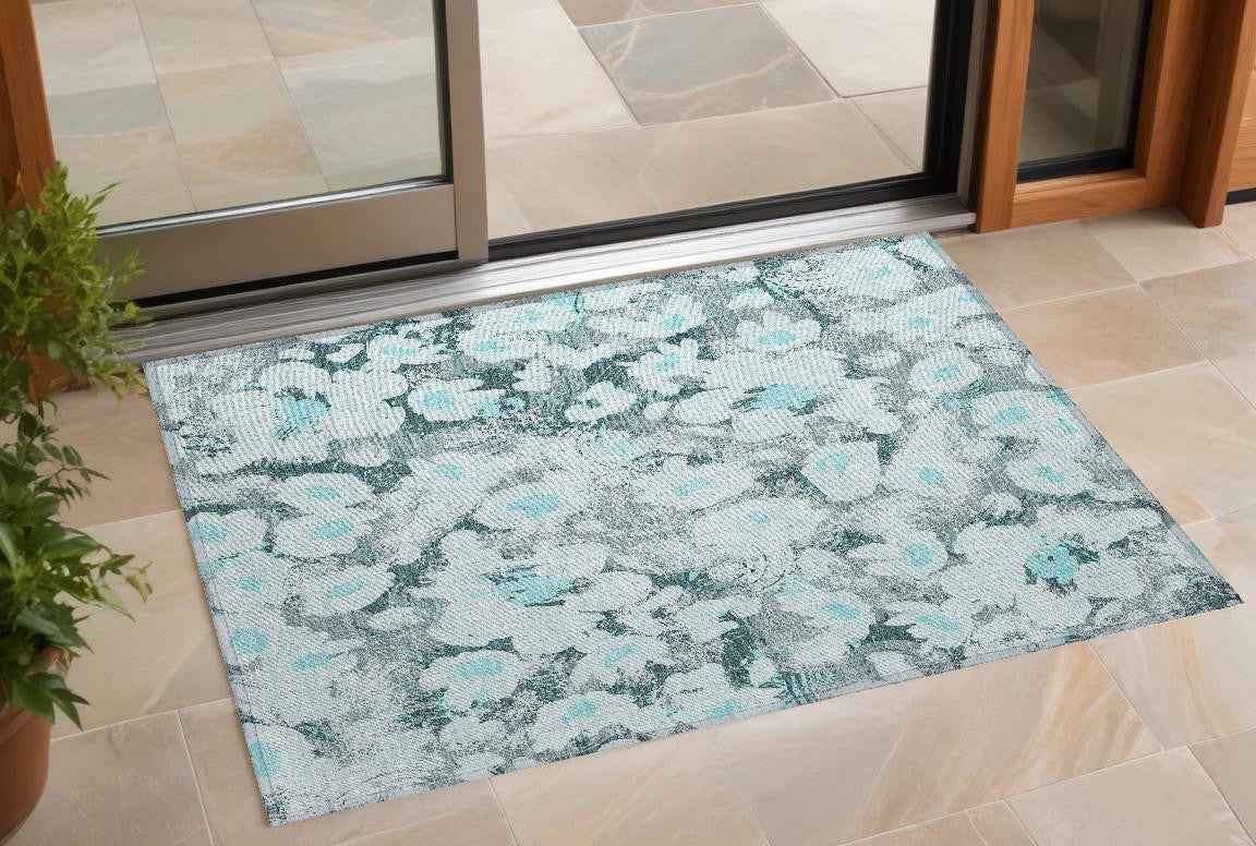 3' X 5' Teal Floral Washable Non Skid Indoor Outdoor Area Rug