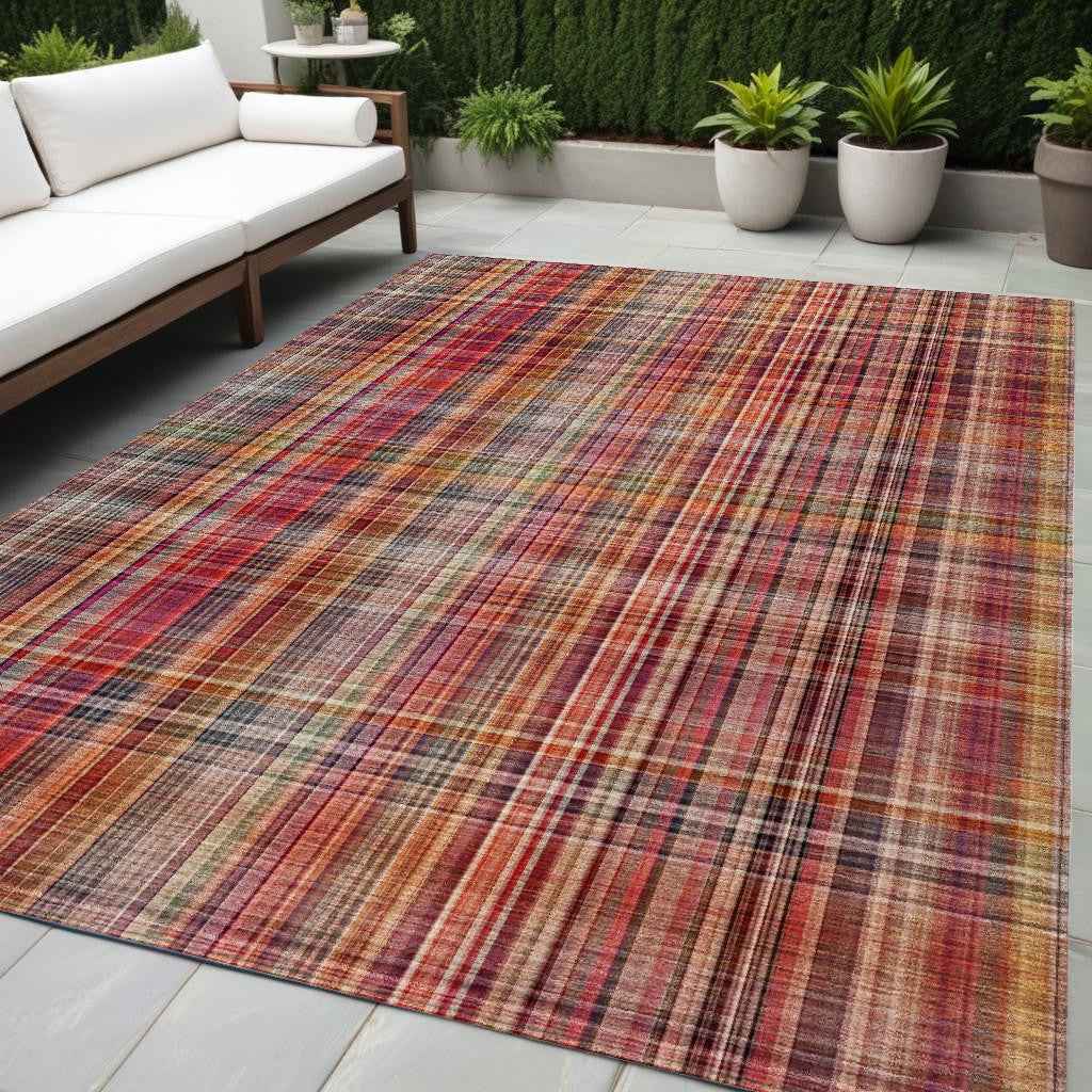 5' X 8' Red Plaid Washable Non Skid Indoor Outdoor Area Rug