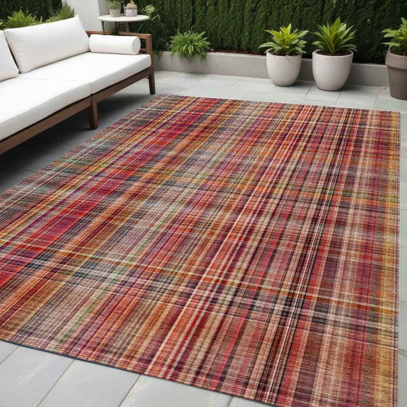 5' X 8' Red Plaid Washable Non Skid Indoor Outdoor Area Rug