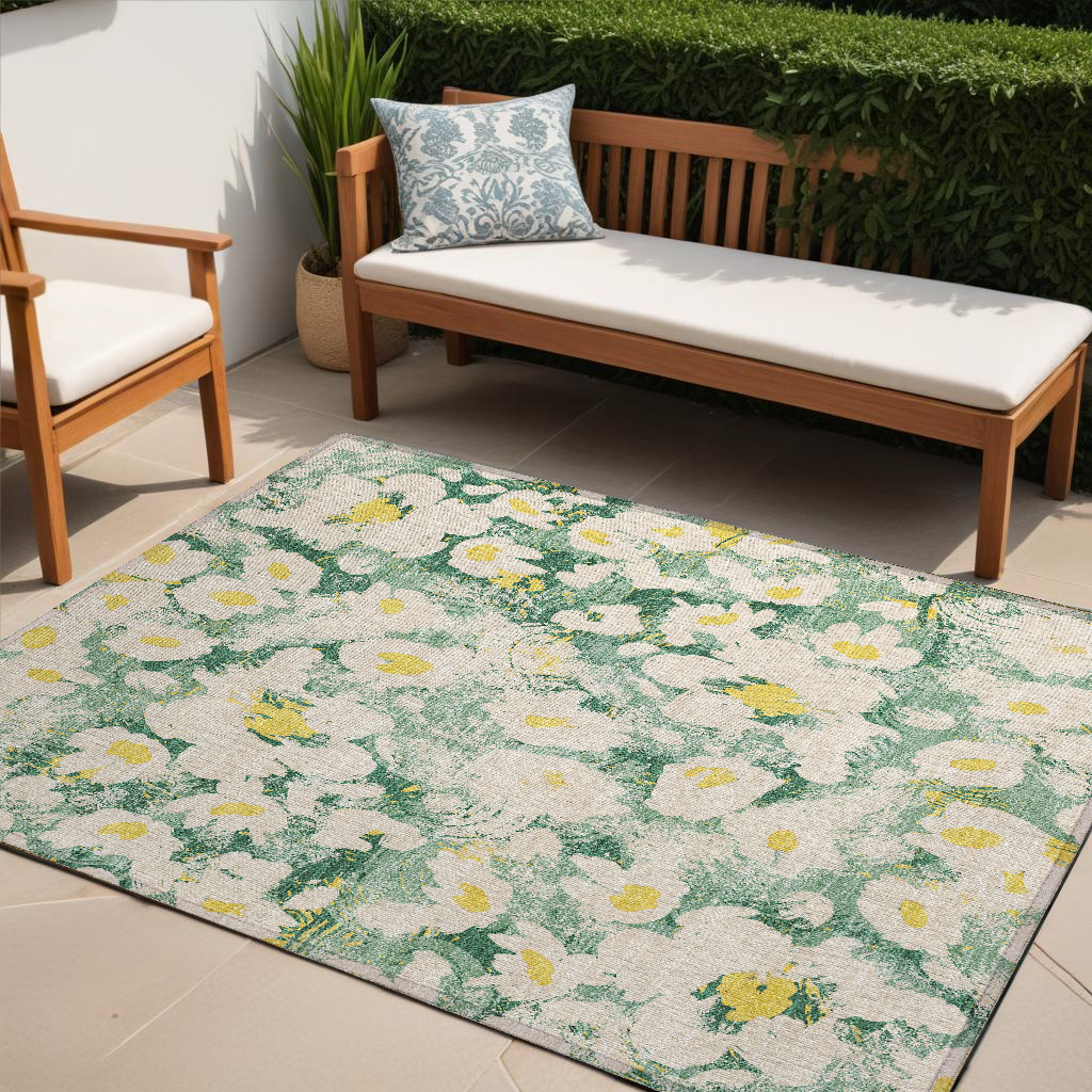 5' X 8' Green Floral Washable Non Skid Indoor Outdoor Area Rug