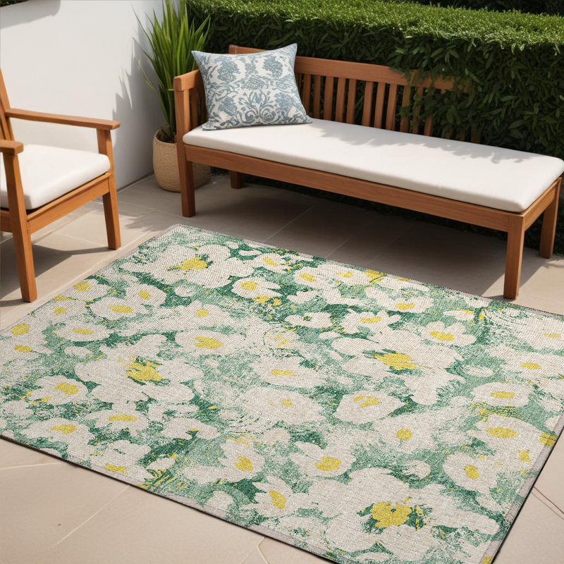 5' X 8' Green Floral Washable Non Skid Indoor Outdoor Area Rug