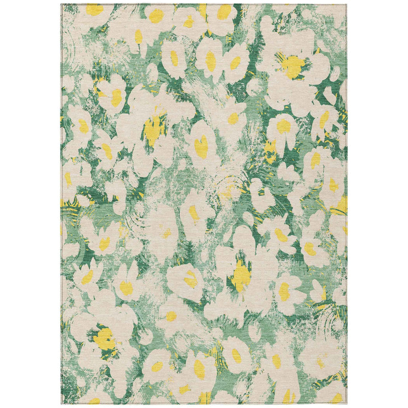 5' X 8' Green Floral Washable Non Skid Indoor Outdoor Area Rug