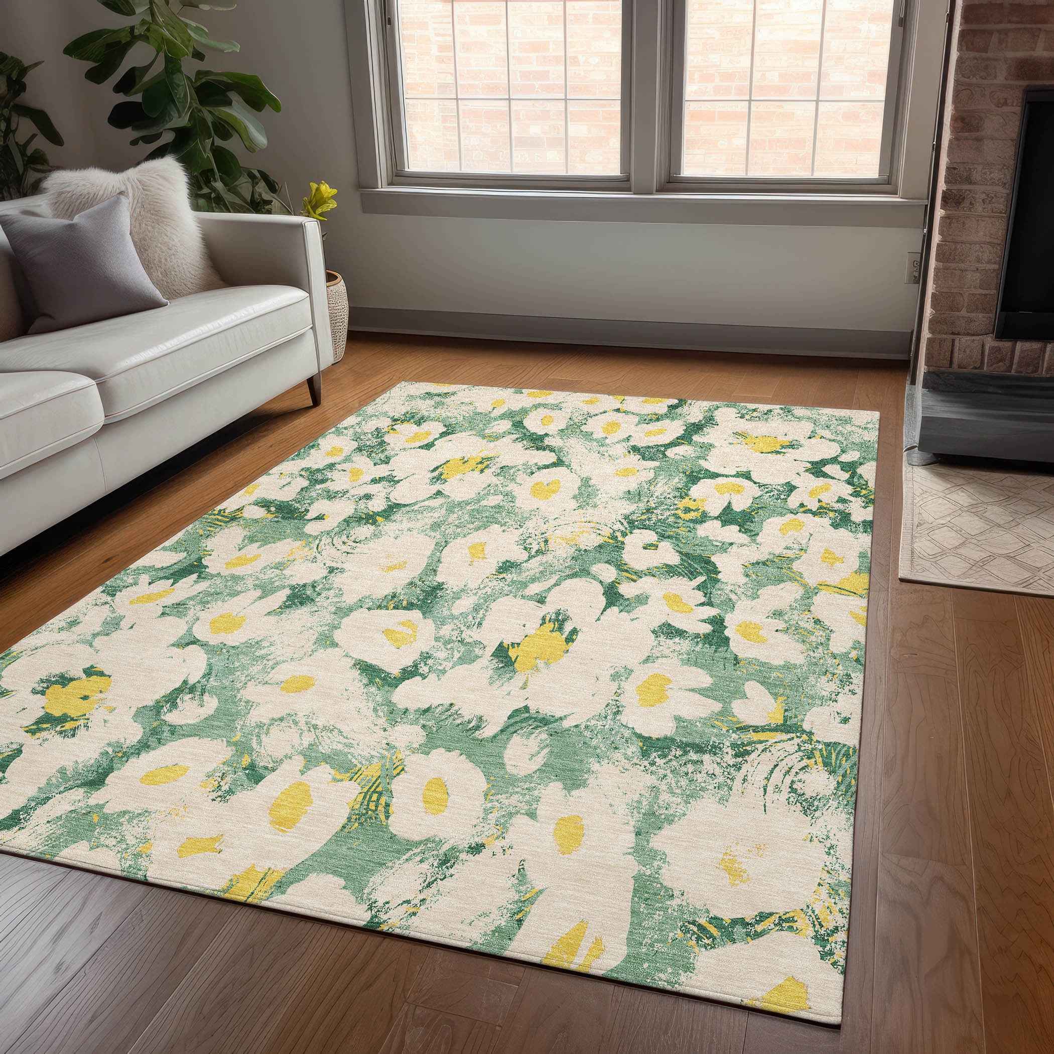 5' X 8' Green Floral Washable Non Skid Indoor Outdoor Area Rug