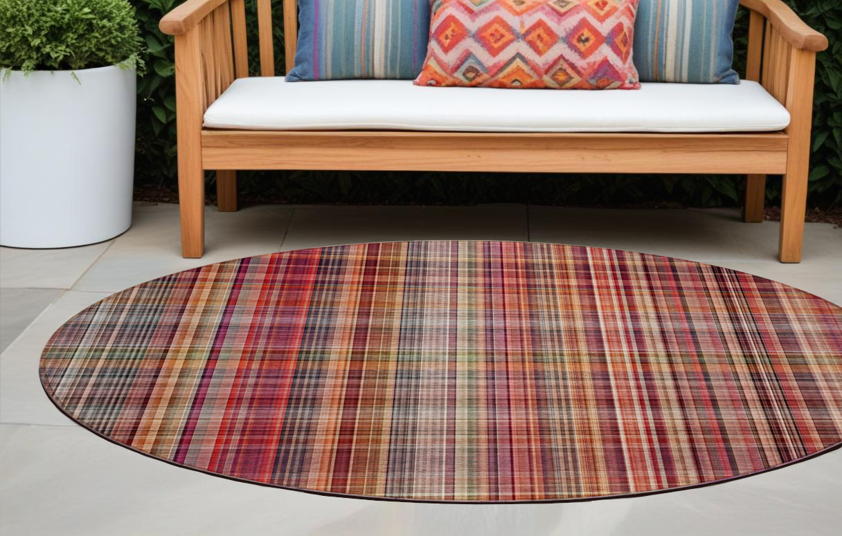 8' Round Red Round Plaid Washable Non Skid Indoor Outdoor Area Rug