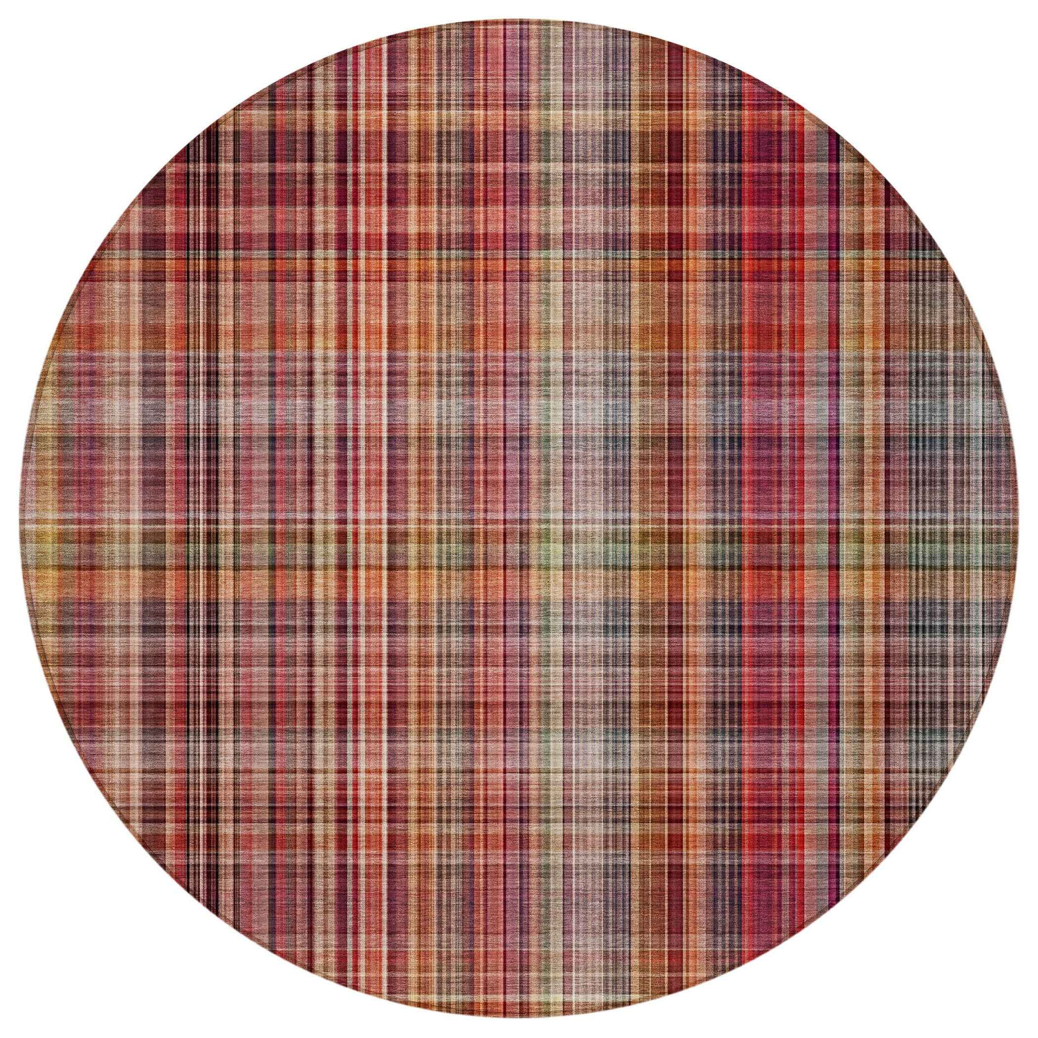 8' Round Red Round Plaid Washable Non Skid Indoor Outdoor Area Rug