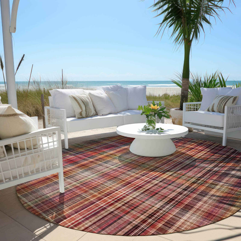 8' Round Red Round Plaid Washable Non Skid Indoor Outdoor Area Rug