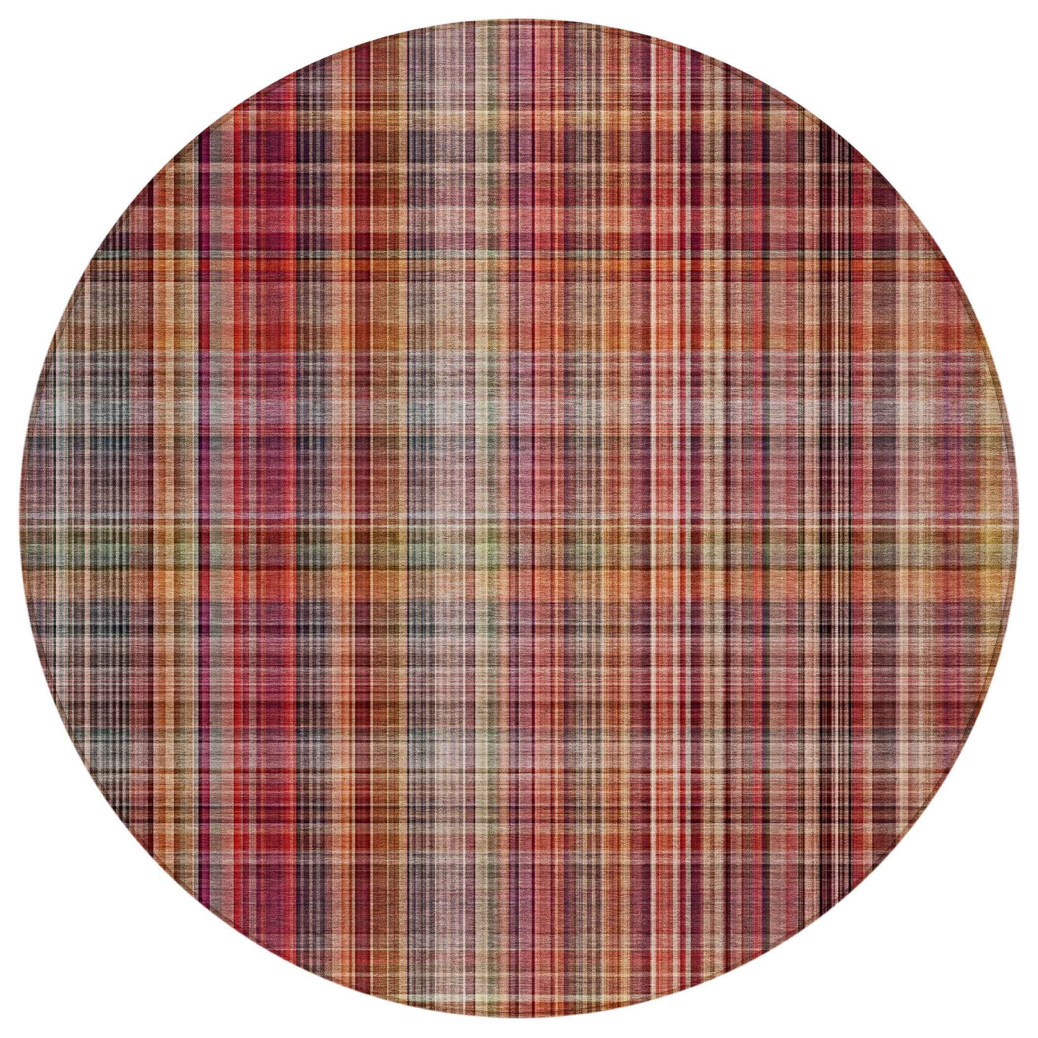 8' Round Red Round Plaid Washable Non Skid Indoor Outdoor Area Rug