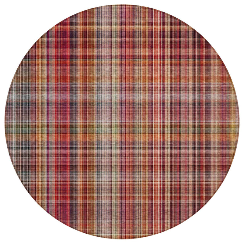 8' Round Red Round Plaid Washable Non Skid Indoor Outdoor Area Rug